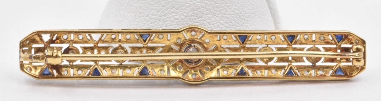 Antique 18ct Platinum Top Mined Diamond & Sapphire Art Deco Bar Pin circa 1920
