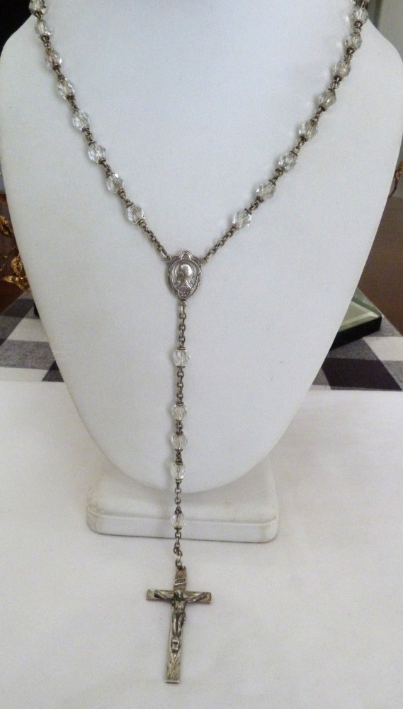 VINTAGE HMH STERLING SILVER SACRED HEART OF JESUS MARY CRYSTAL BEADS ROSARY