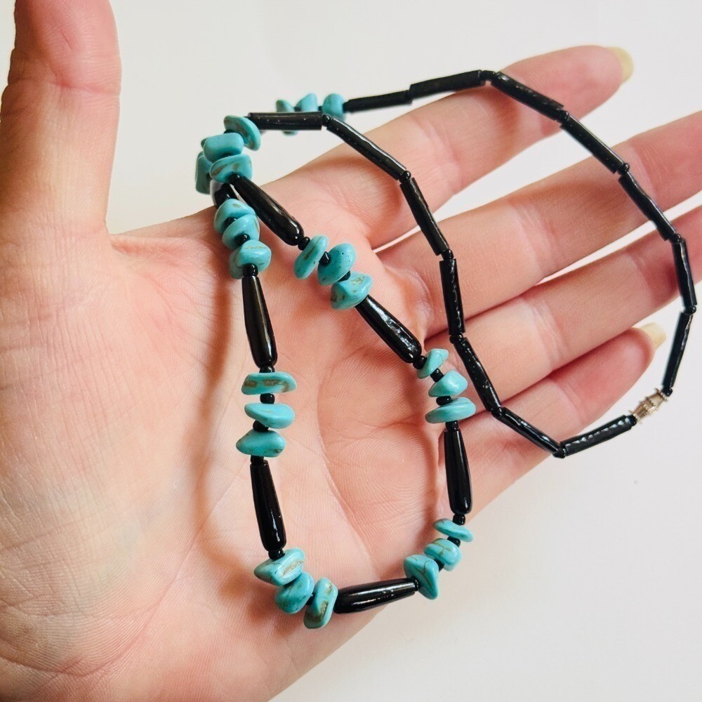 Black Coral VTG Necklace turquoise Beads Collar Natural Hawaii Souvenir 20″