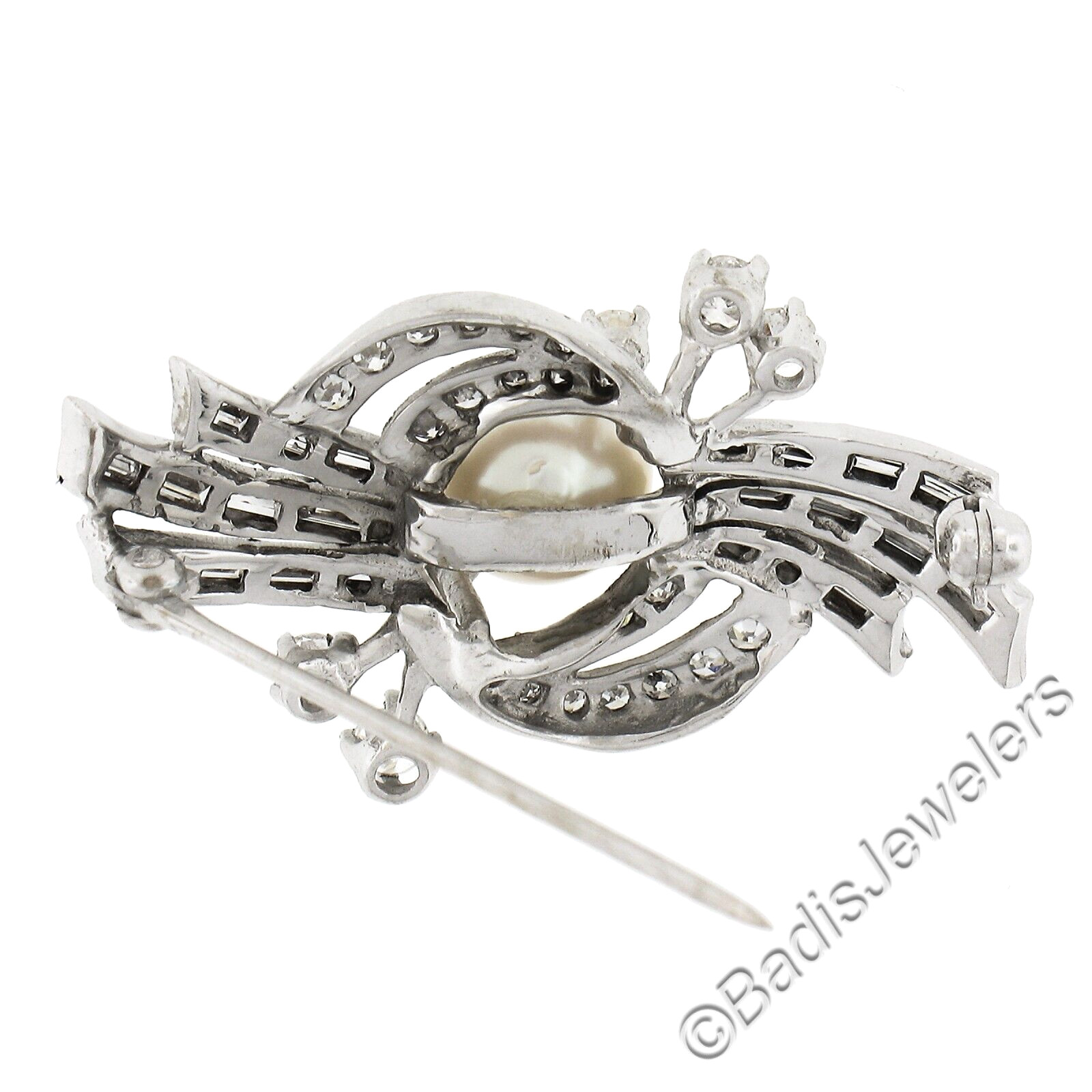 Vintage Mid Century 14K White Gold 1.2ct Diamond & FINE Pearl Cluster Pin Brooch