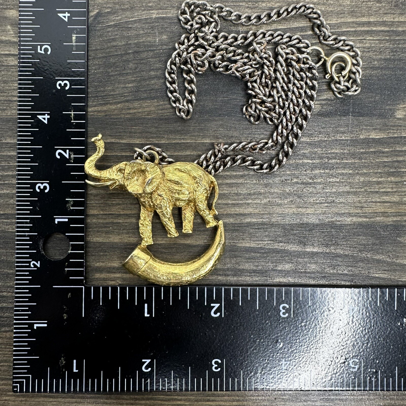 Vintage Elephant on Tusk Necklace Gold Tone Large Pendant Safari Estate Find