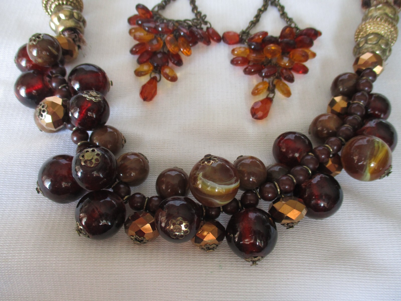 Elegant Golden Brown Aurora Crystal & Acrylic Bead Necklace & Pierced Earrings