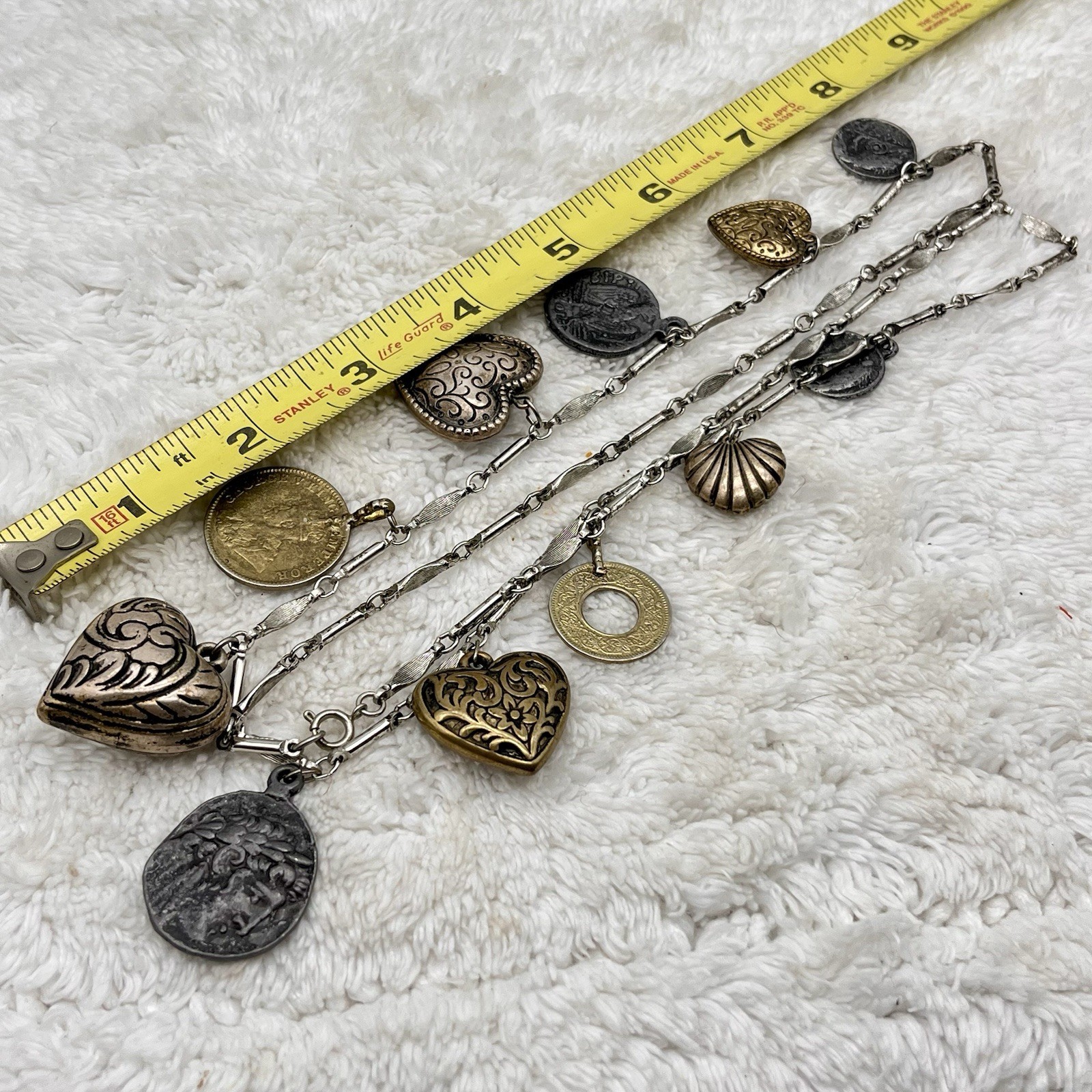 Vintage Puffy Heart Charm Necklace Silver Tone Bronze Tone 32″