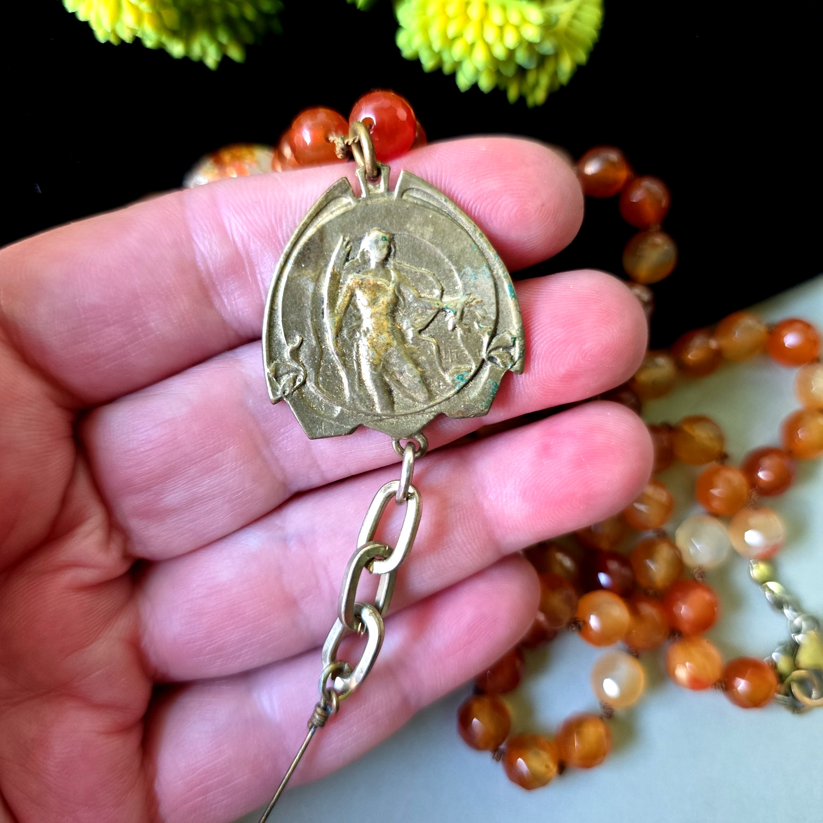 Vintage 1950 Bronze Art Nouveau Style Pendant Faceted Agate Foil Glass Necklace