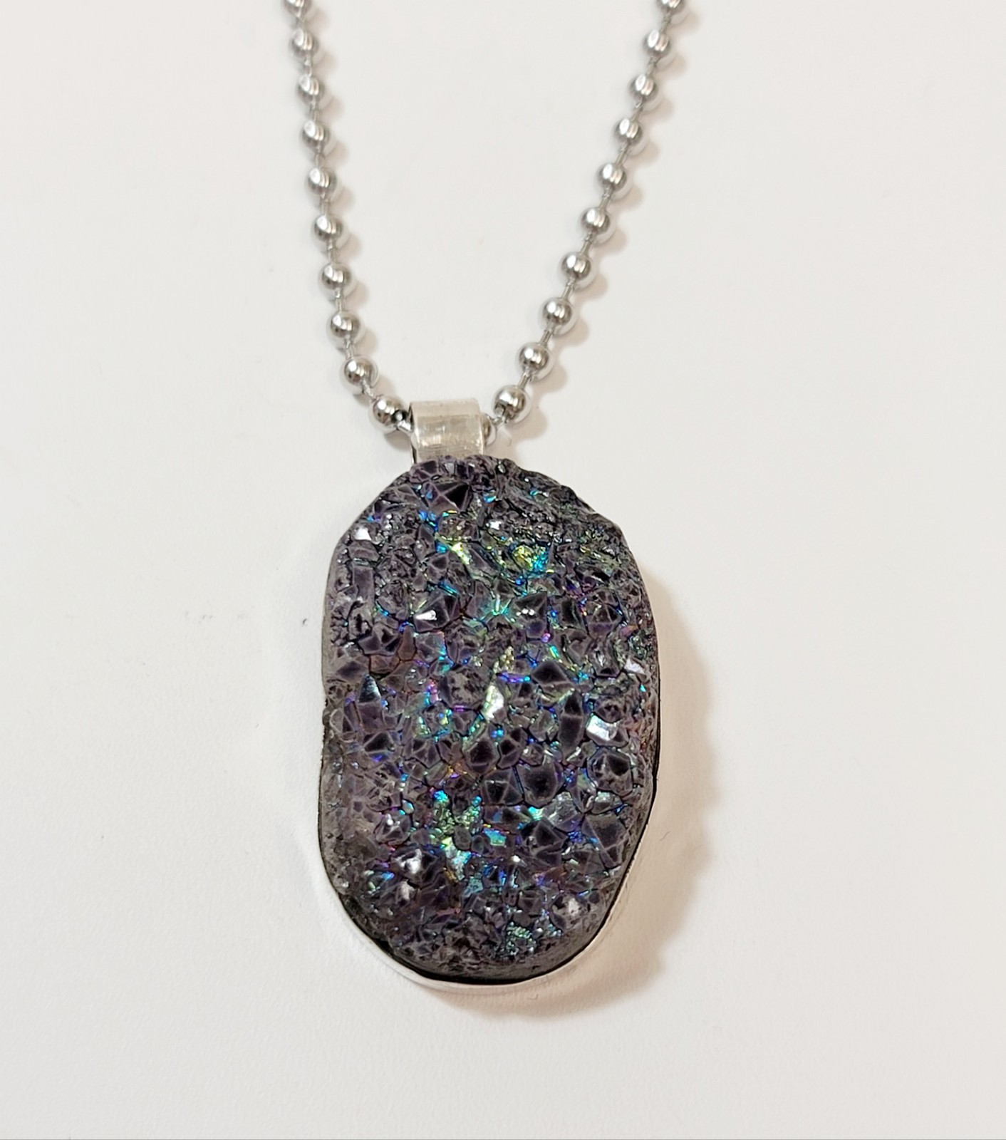 Vintage Sterling Silver Large Purple Blue Peacock Druzy Stone Necklace Pendant
