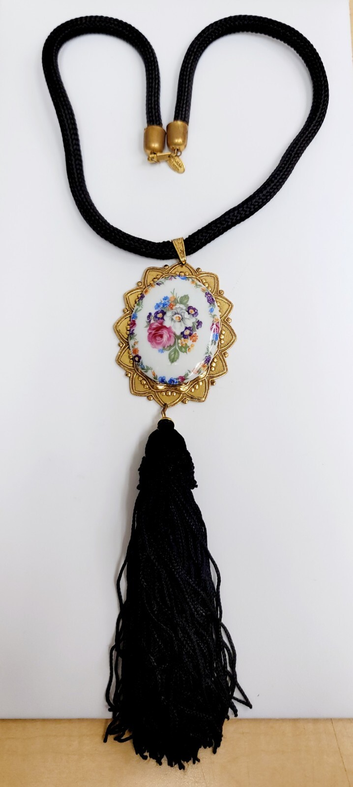 Vintage Miriam Haskell Necklace Large Floral Pendant On Black Cord With Tassel