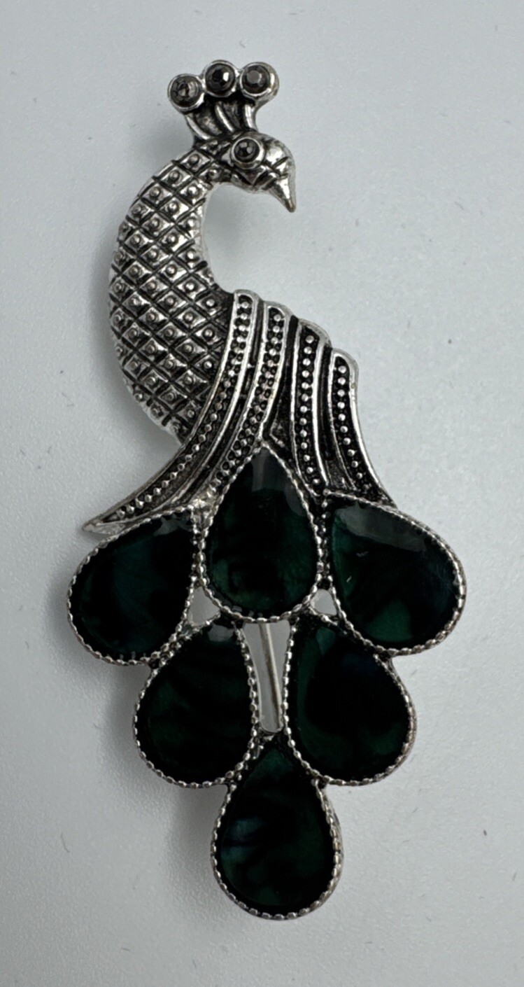 Green Enamel And Silver Tone Peacock Brooch