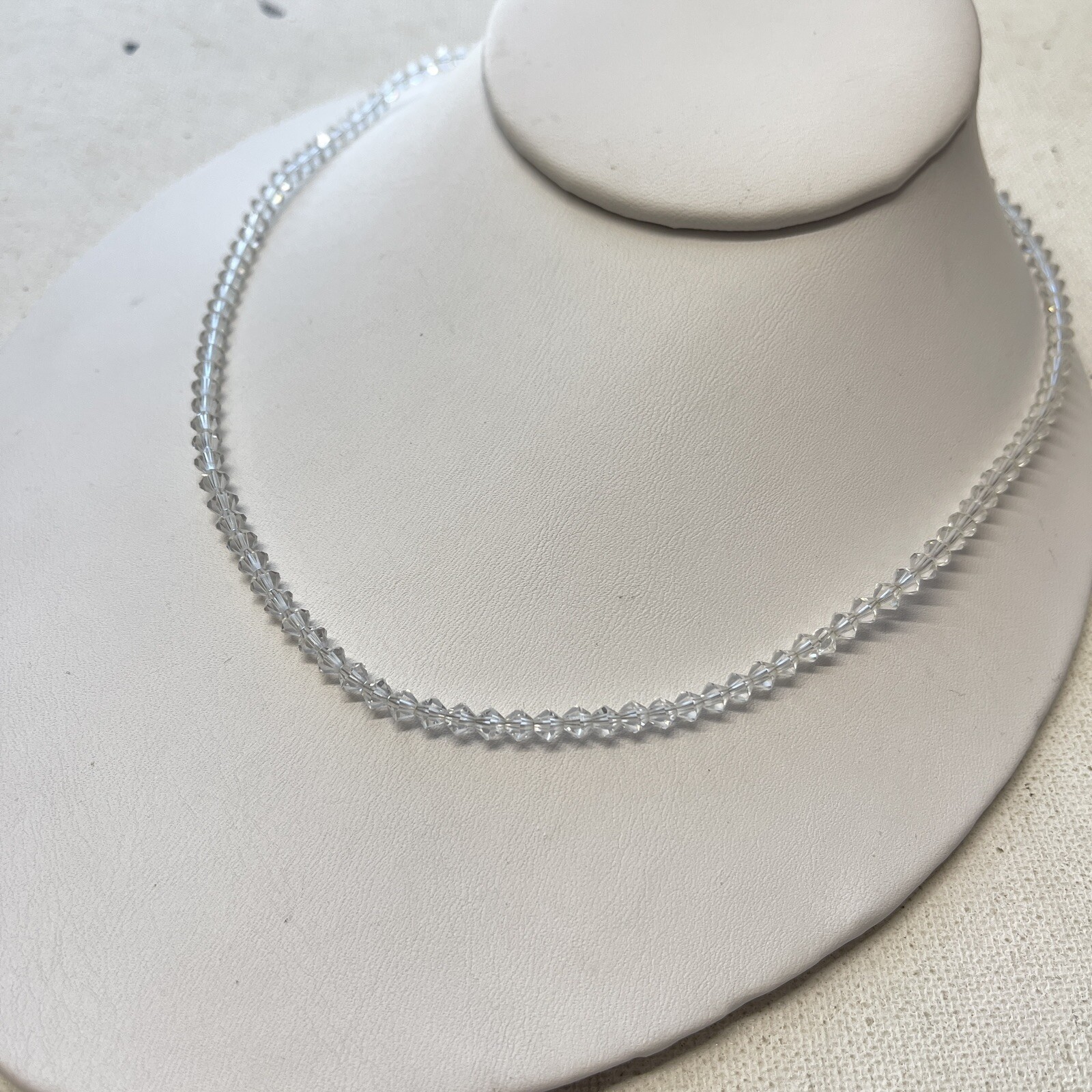 Vintage Small Bicone Clear Faceted Bead Collar Necklace 4mm 17″ Dainty Sparkly
