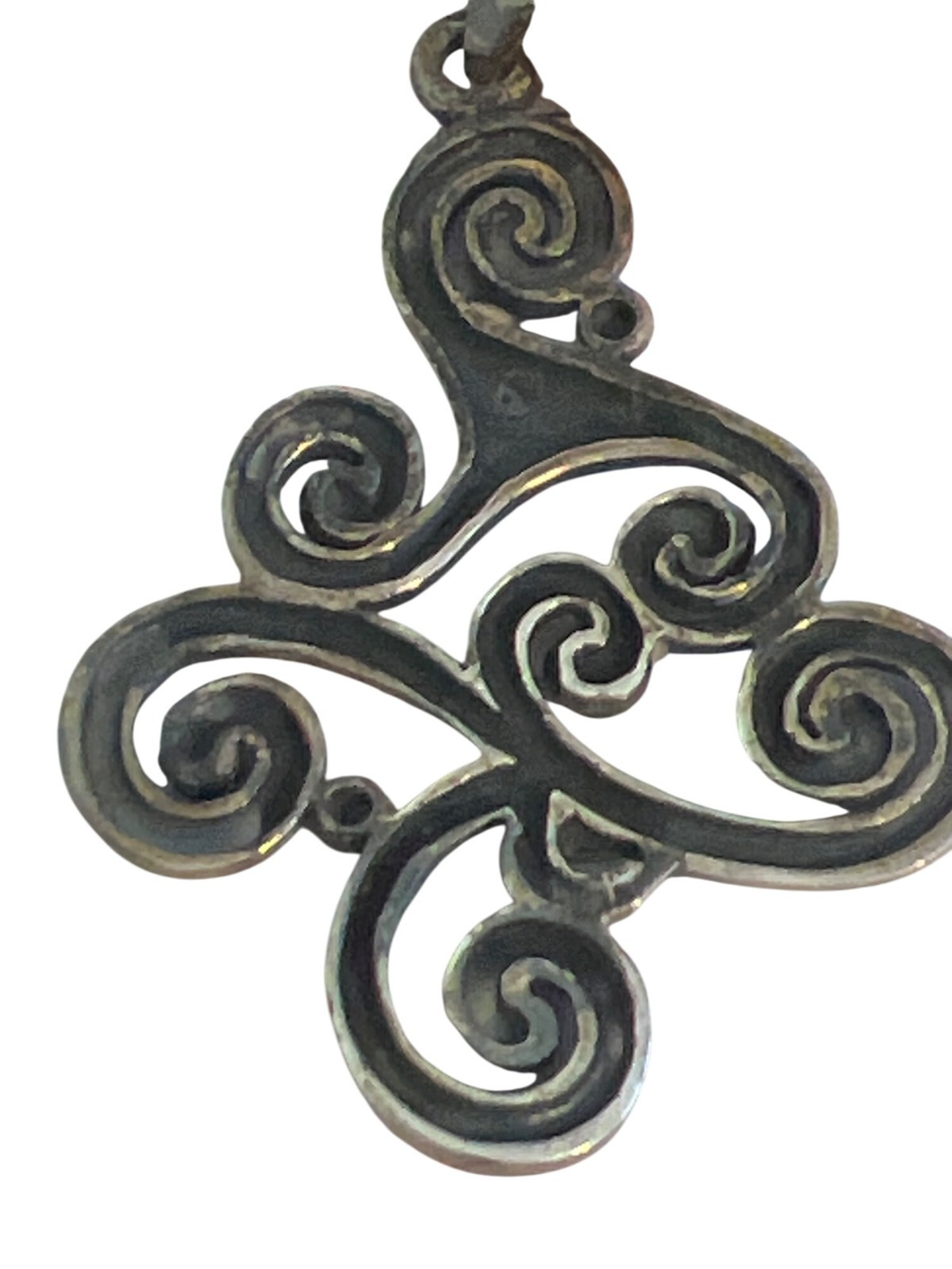 Vintage Sterling Silver Swirl Pendant Necklace Sheer Ribbon Scrollwork Estate
