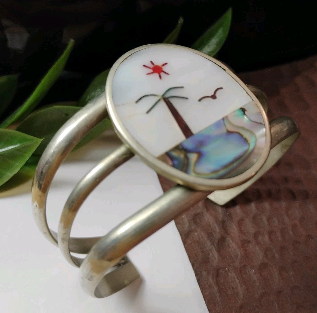 Vintage ABALONE/Mop Inlay Serene Tropical Beach Scene Silvery Cuff Bracelet!