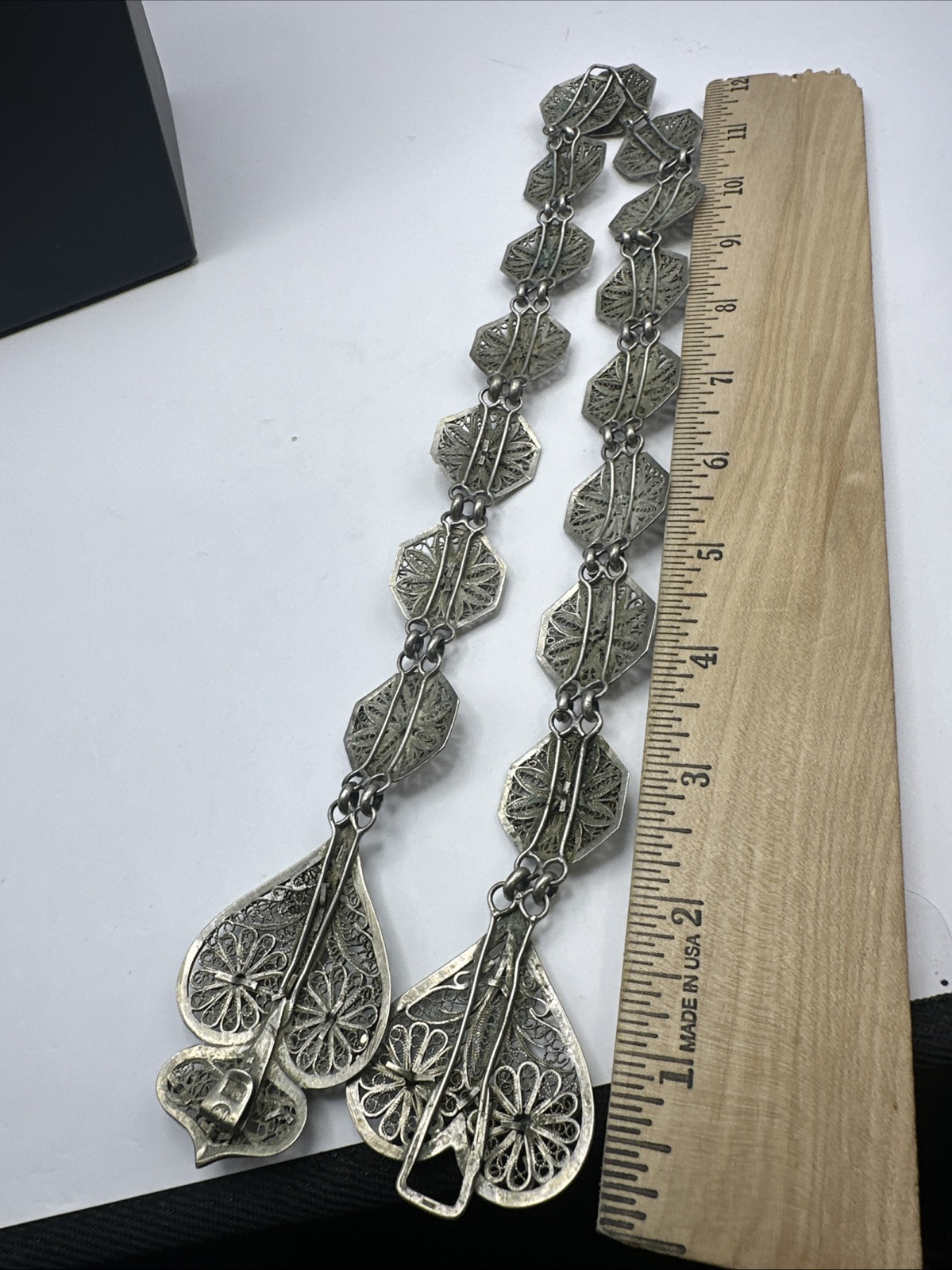 Antique 800 Silver Filigree Necklace Hearts Flowers Front Close English Hallmark