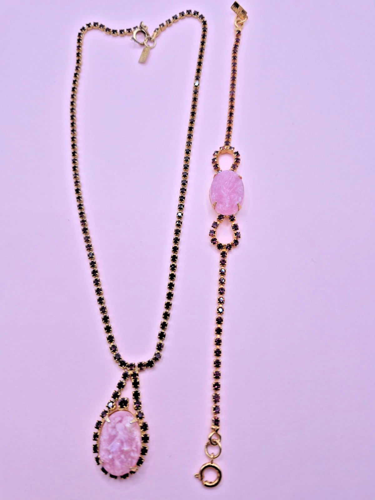 VTG CELEBRITY NY Necklace Bracelet Pink Geode/Pink Druzy w/ Purple Rhinestones