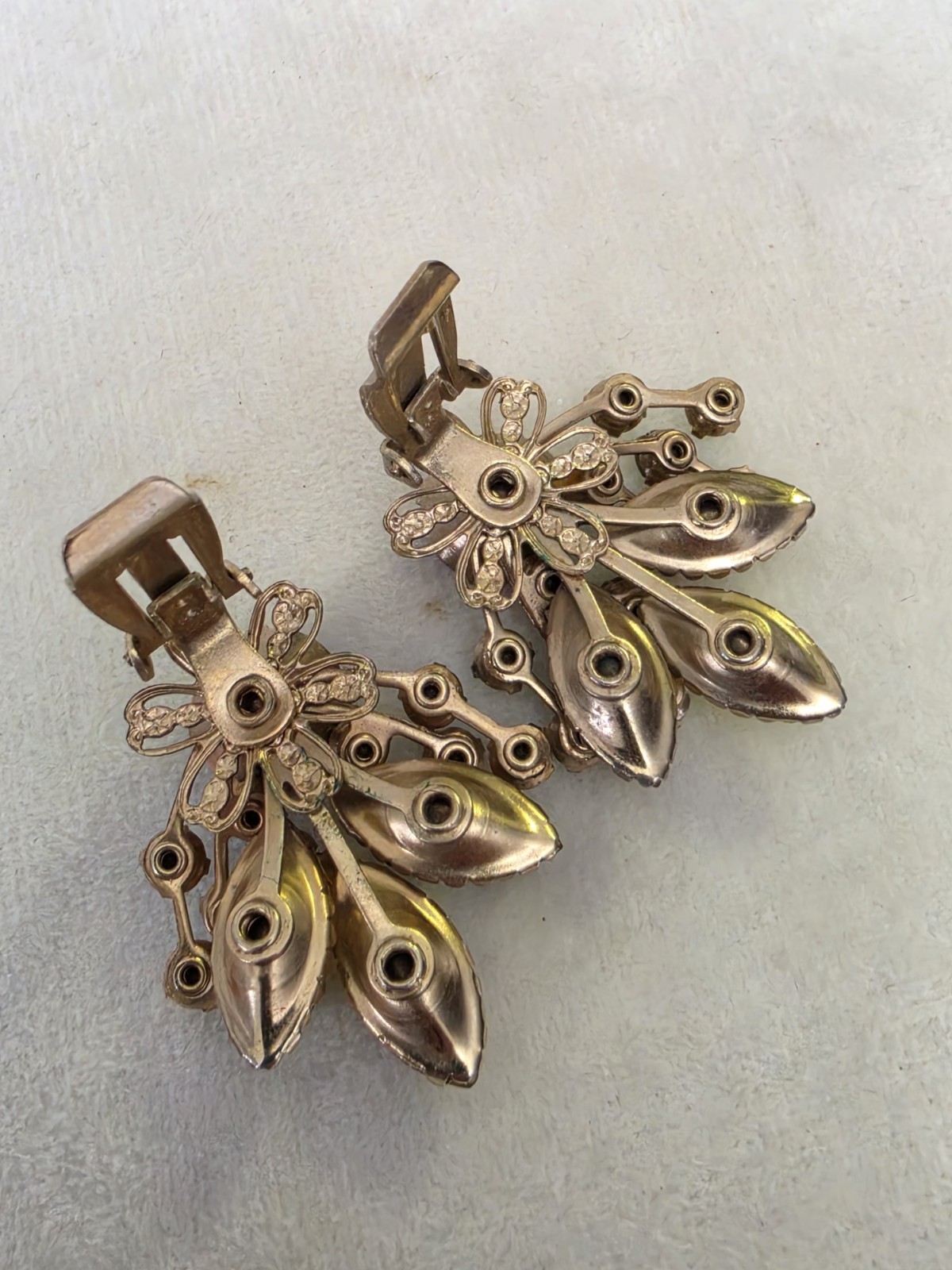 Vintage Multicolor AB Rhinestone Red Yellow Navette Floral Spray Clip Earrings