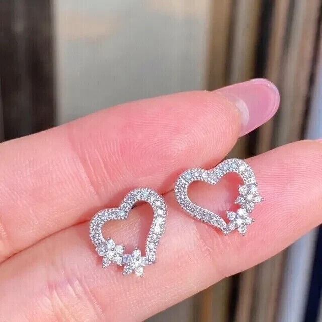Round Cut Lab Created Diamond Wedding 14Ct White Gold Finish Heart Stud Earrings