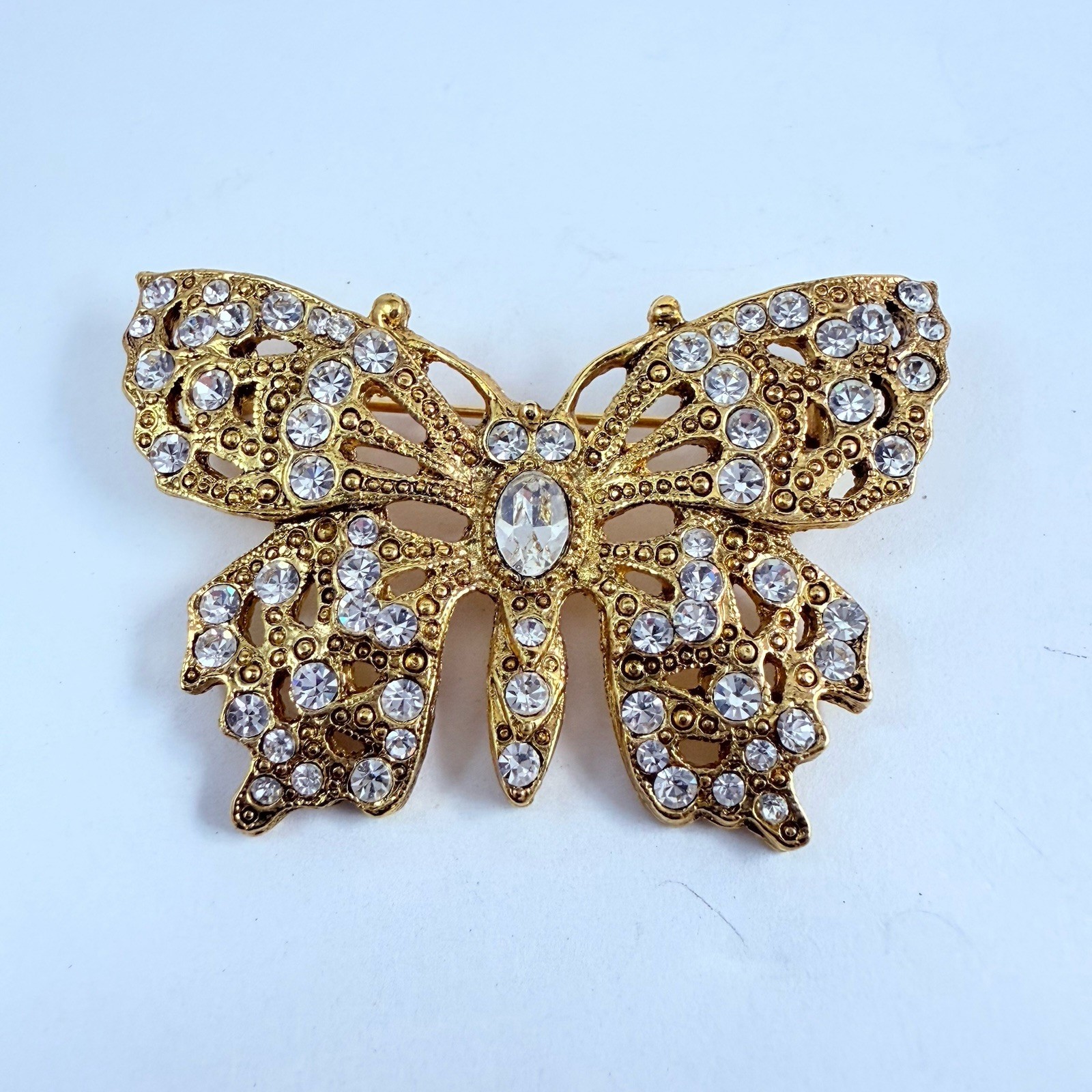 Vintage 1928 Brand Rhinestone Butterfly Brooch Gold Tone Pin