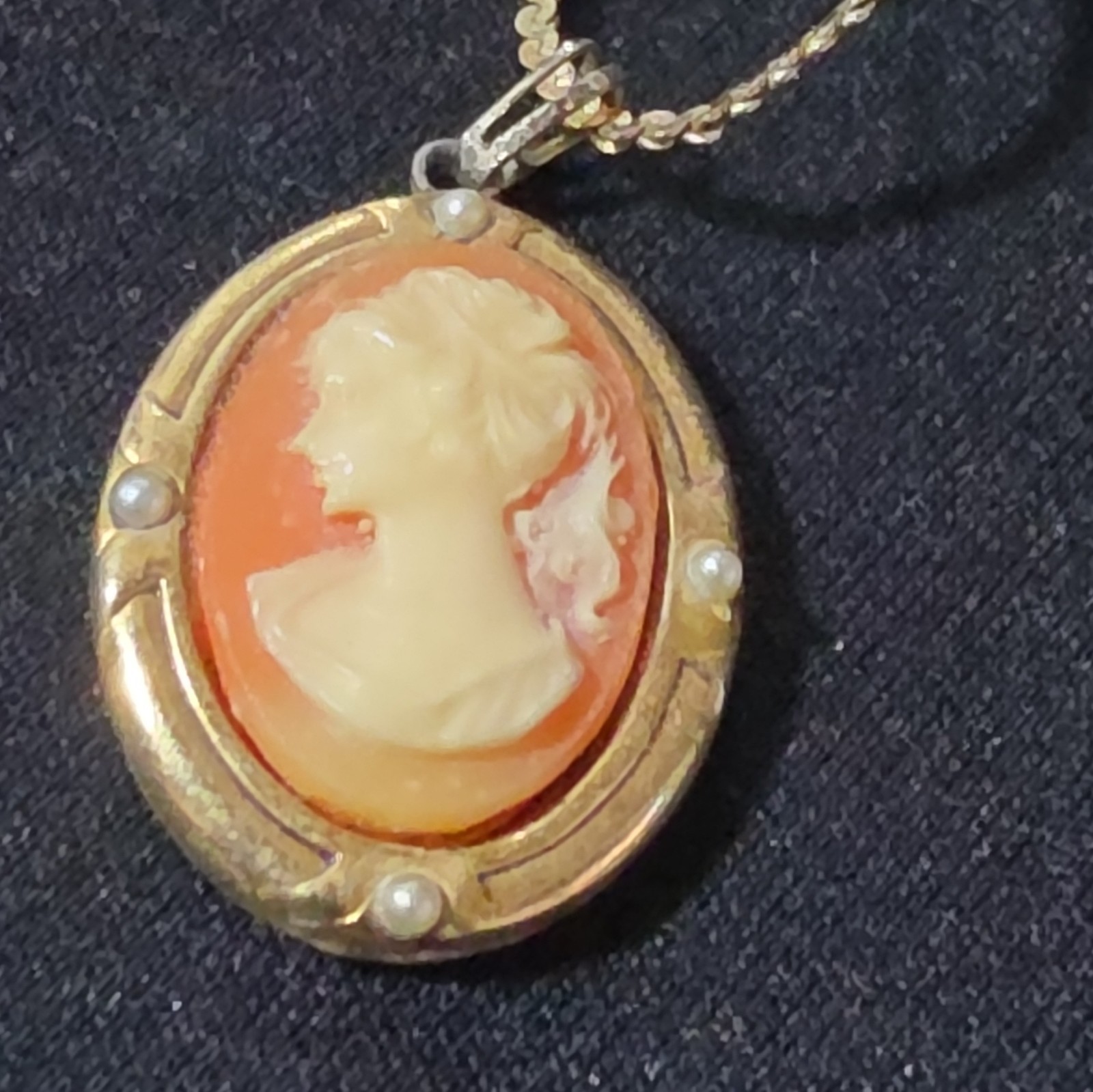 Oval Cameo Portrait Pendant Necklace, Gold Tone Setting, Orange & Cream