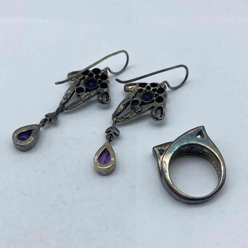 Sterling Silver 925 Amethyst Drop Earrings and Multicolor Bypass Ring Set 18.3g