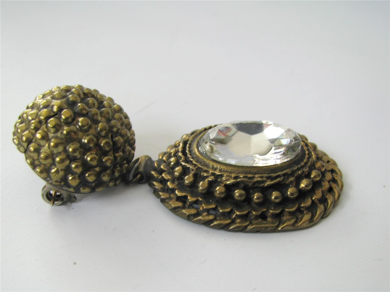Vintage Italy Textured Doorknocker Brooch Pin Large Rhinestone Gold tone