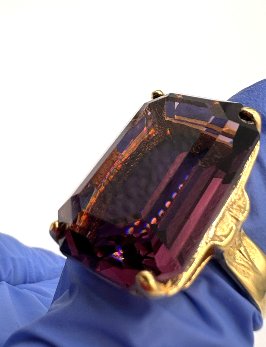 18K HGE Emerald Cut Purple Stone Vintage Rectangular Cocktail Statement Ring