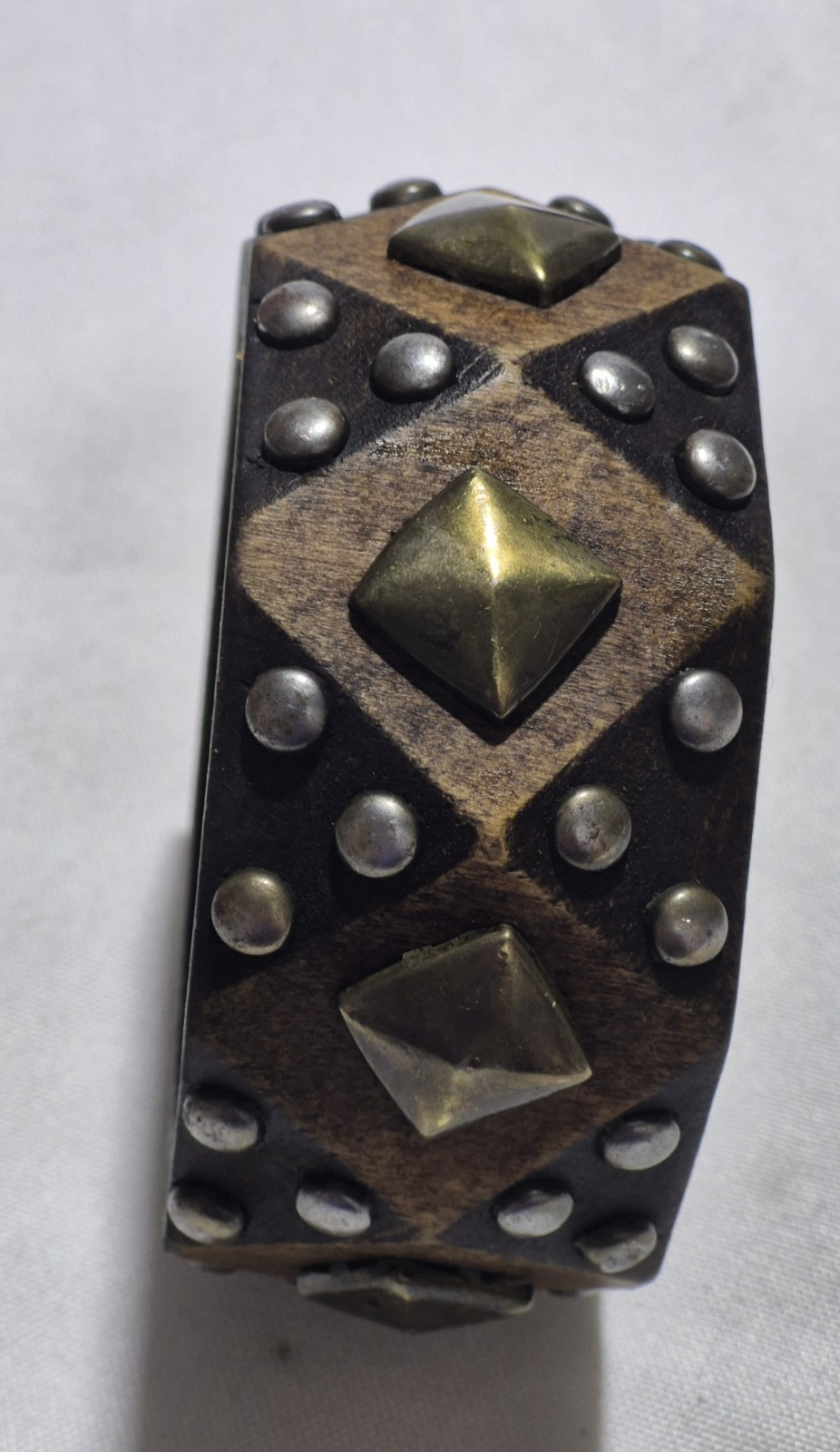 Vintage Brown Wooden Bangle with Gold Tone squares And Silver Studs Bracelet