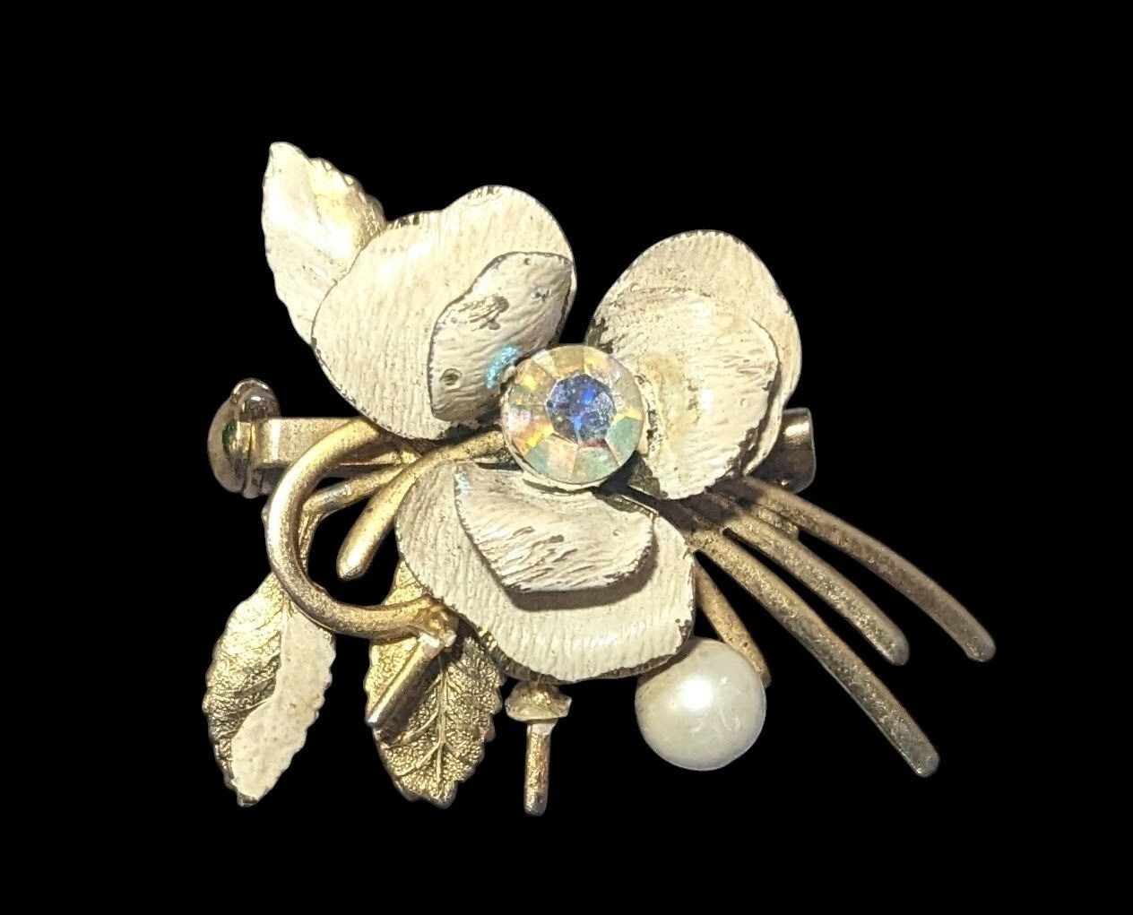 Vintage Cream And Gold Tone Whimsical Fantasy Floral Brooch