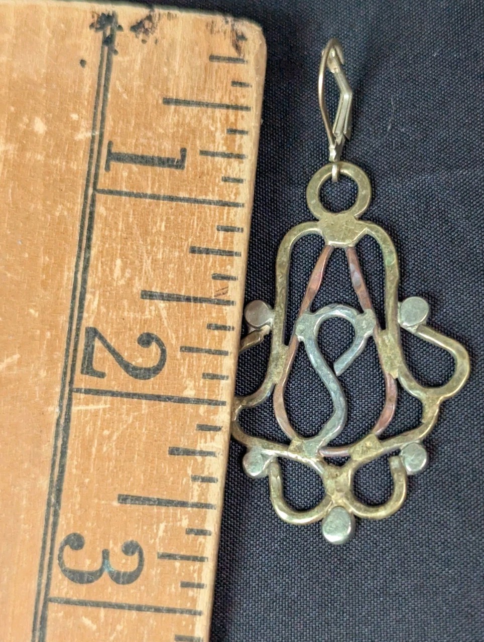 Vintage Artisan Mixed Metal Hammered Copper Brass Open Work Dangle Earrings
