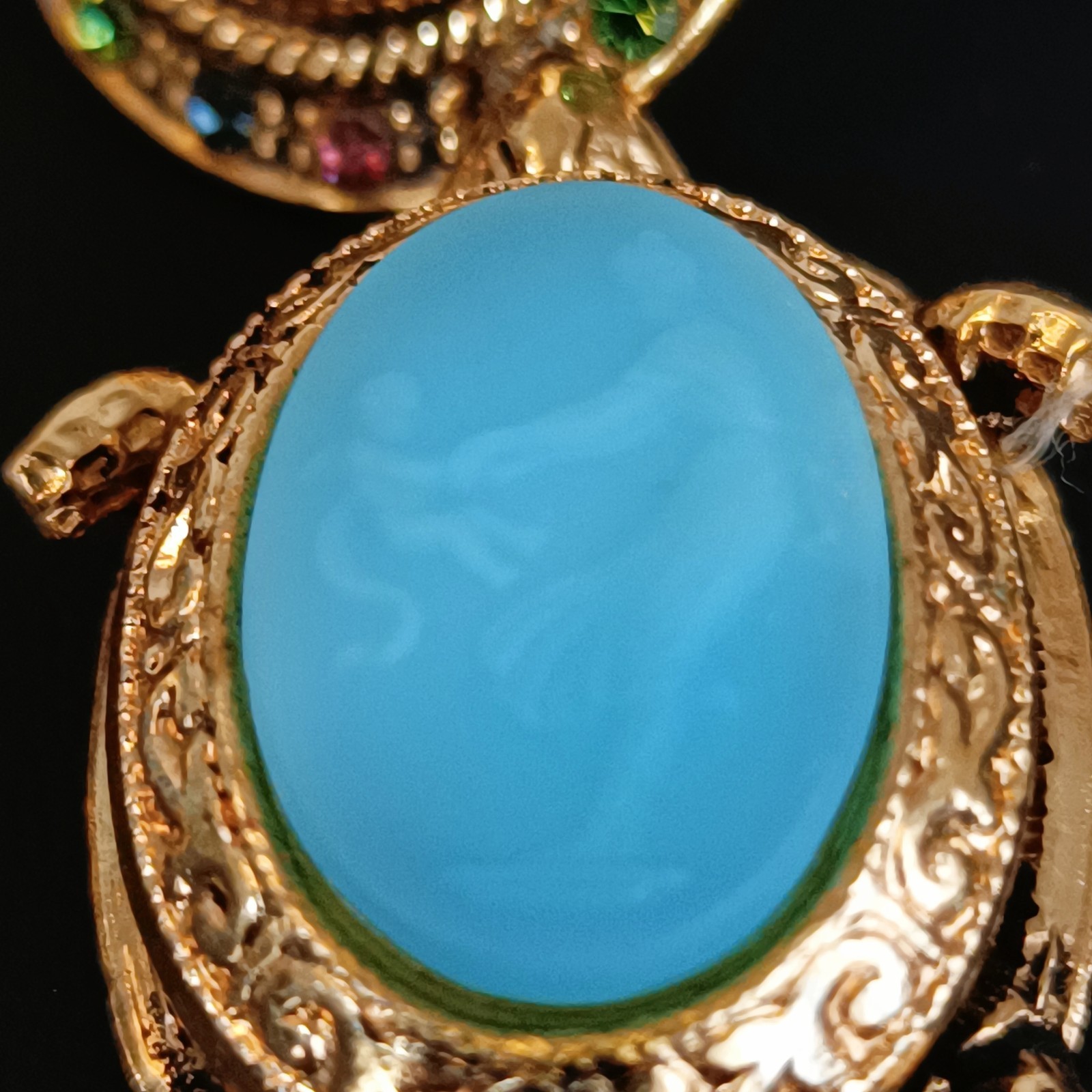 Vintage Zoe Coste Turtle Earrings France Blue Glass Rhinestone Gold Tone