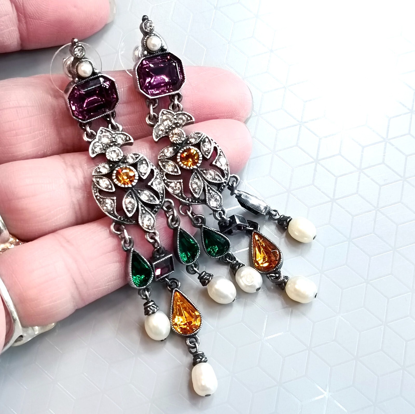 BEN-AMUN Crystals Chandelier Silver Tone Earrings , Length 3.2 inch