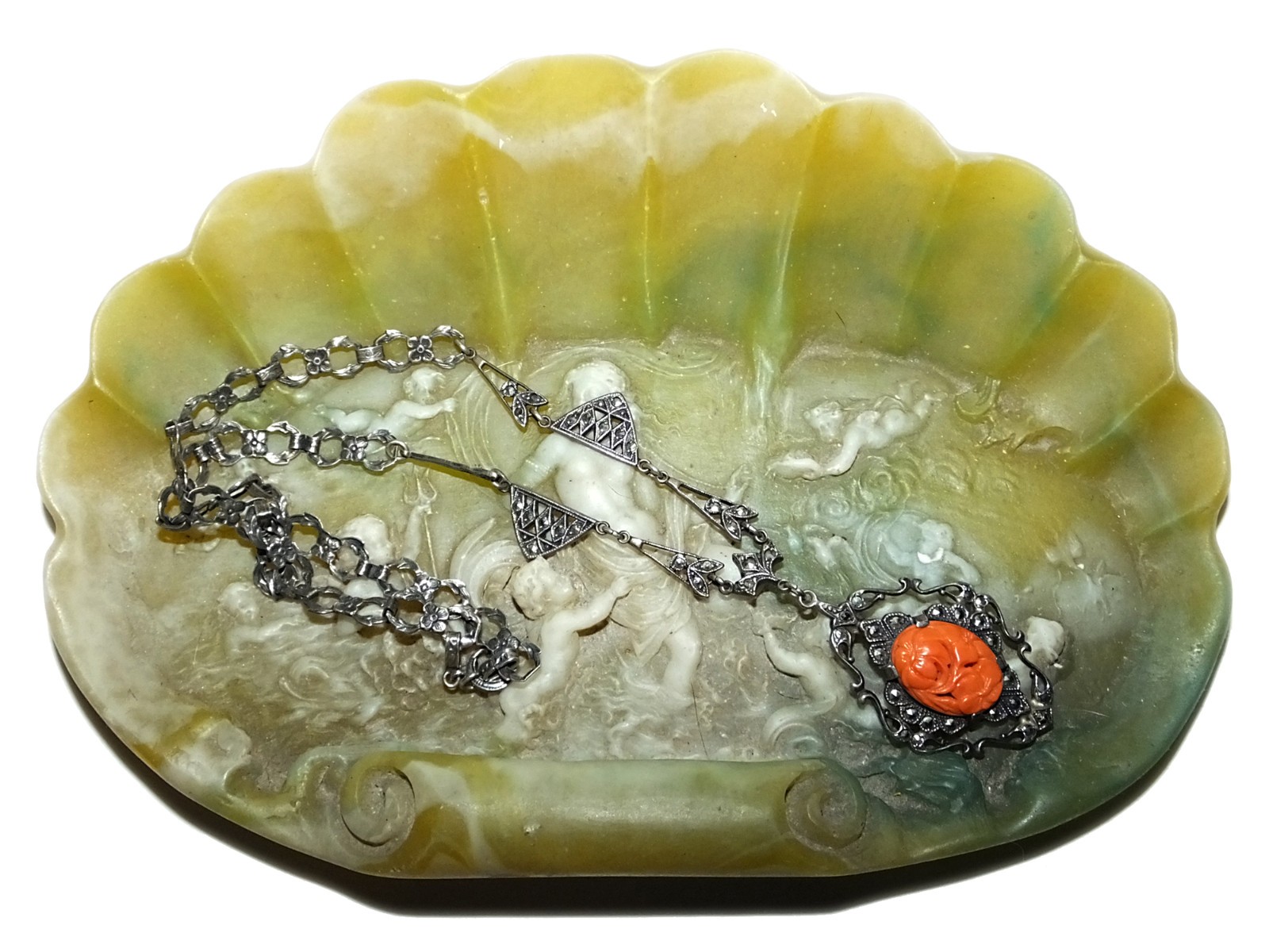 Antique Edwardian Art Deco Floral Carved Faux Coral Marcasite Sterling Necklace