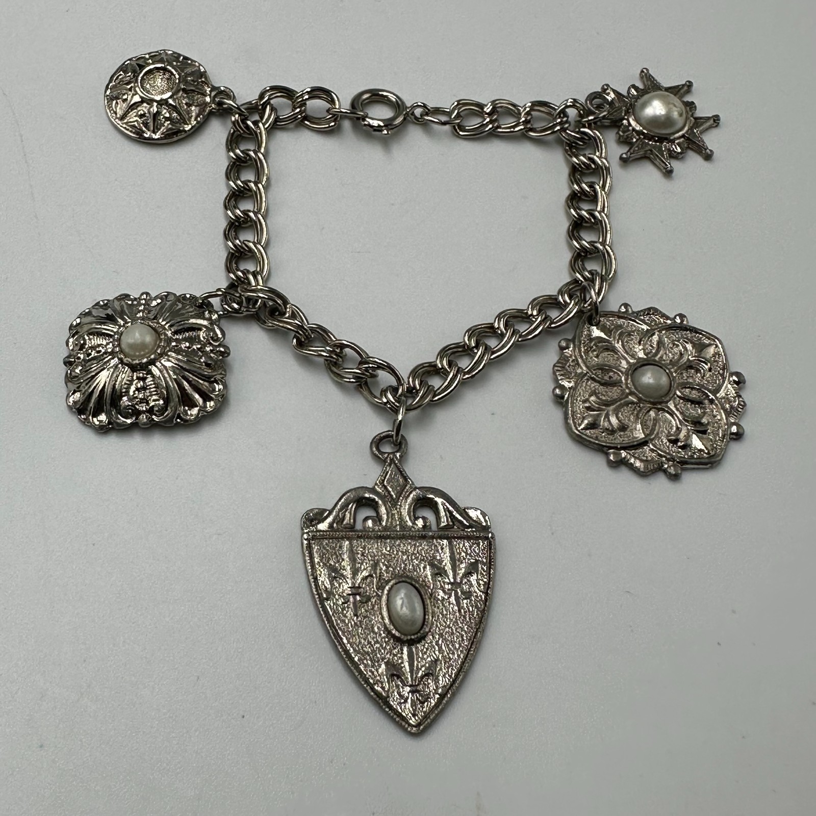 Vintage Charm Bracelet Silver Tone Filigree Embossed Faux Pearl Dangle Shields