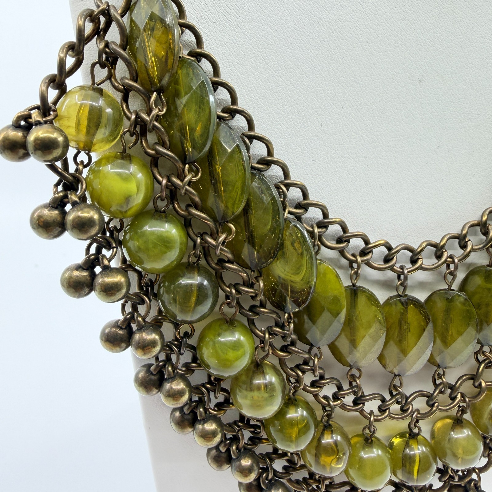 Vintage Bronze Tone Multi Strand Bib Necklace Chunky Statement Green Bead Boho