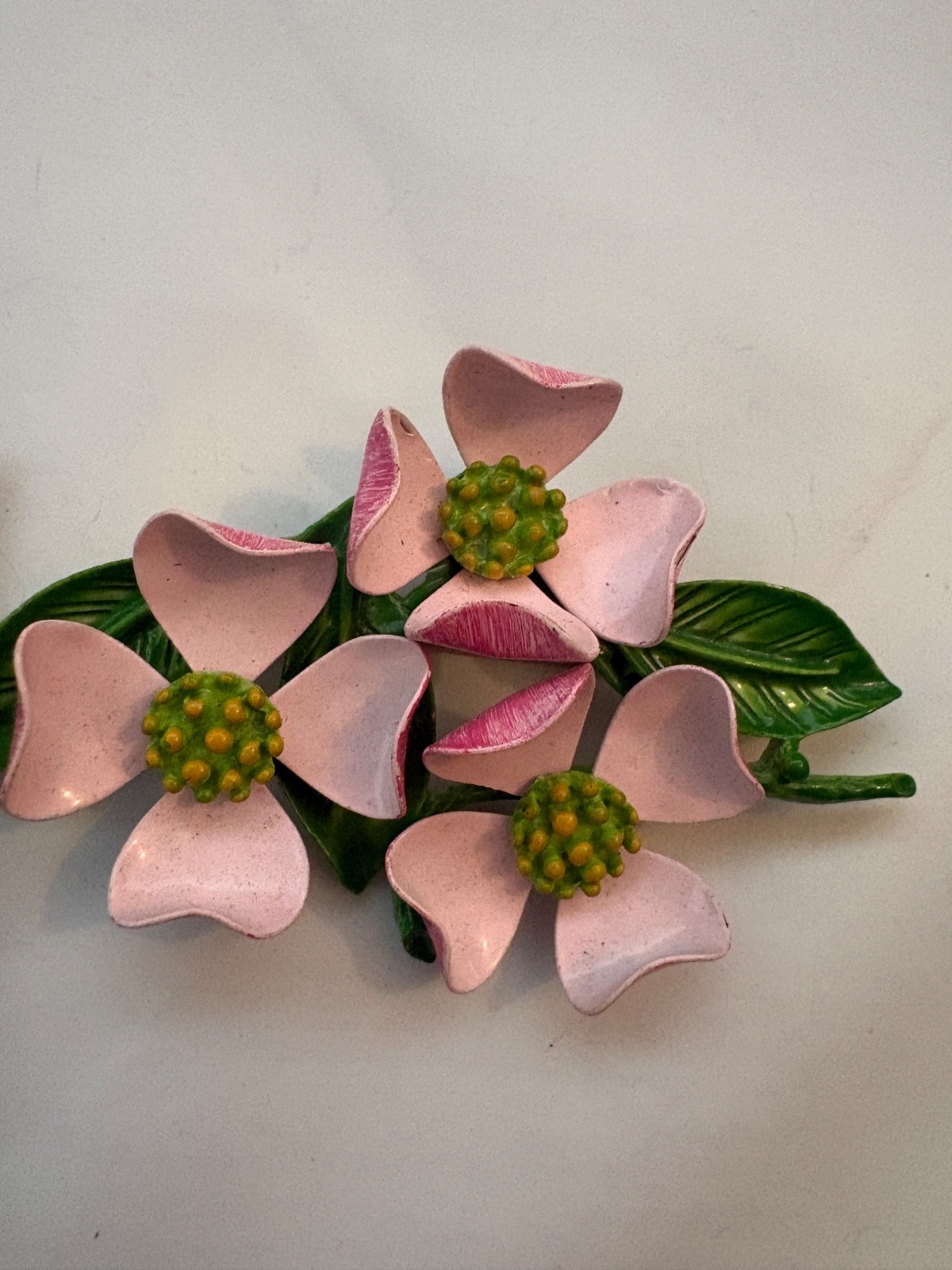 Vintage Pink and Green Enamel Dogwood Flower Brooch