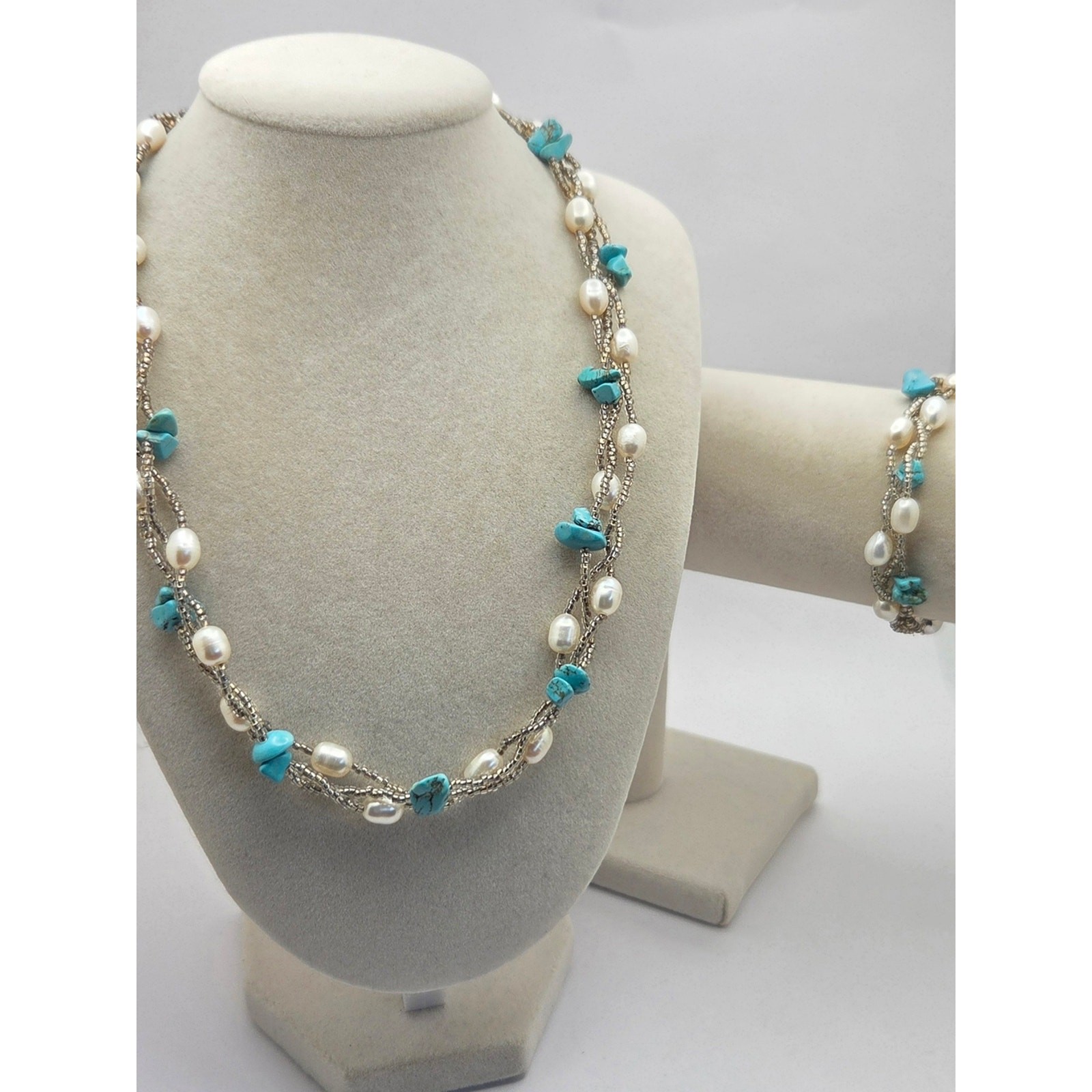Convertible Freshwater Pearl & Turquoise Multi-Strand Necklace Bracelet Set