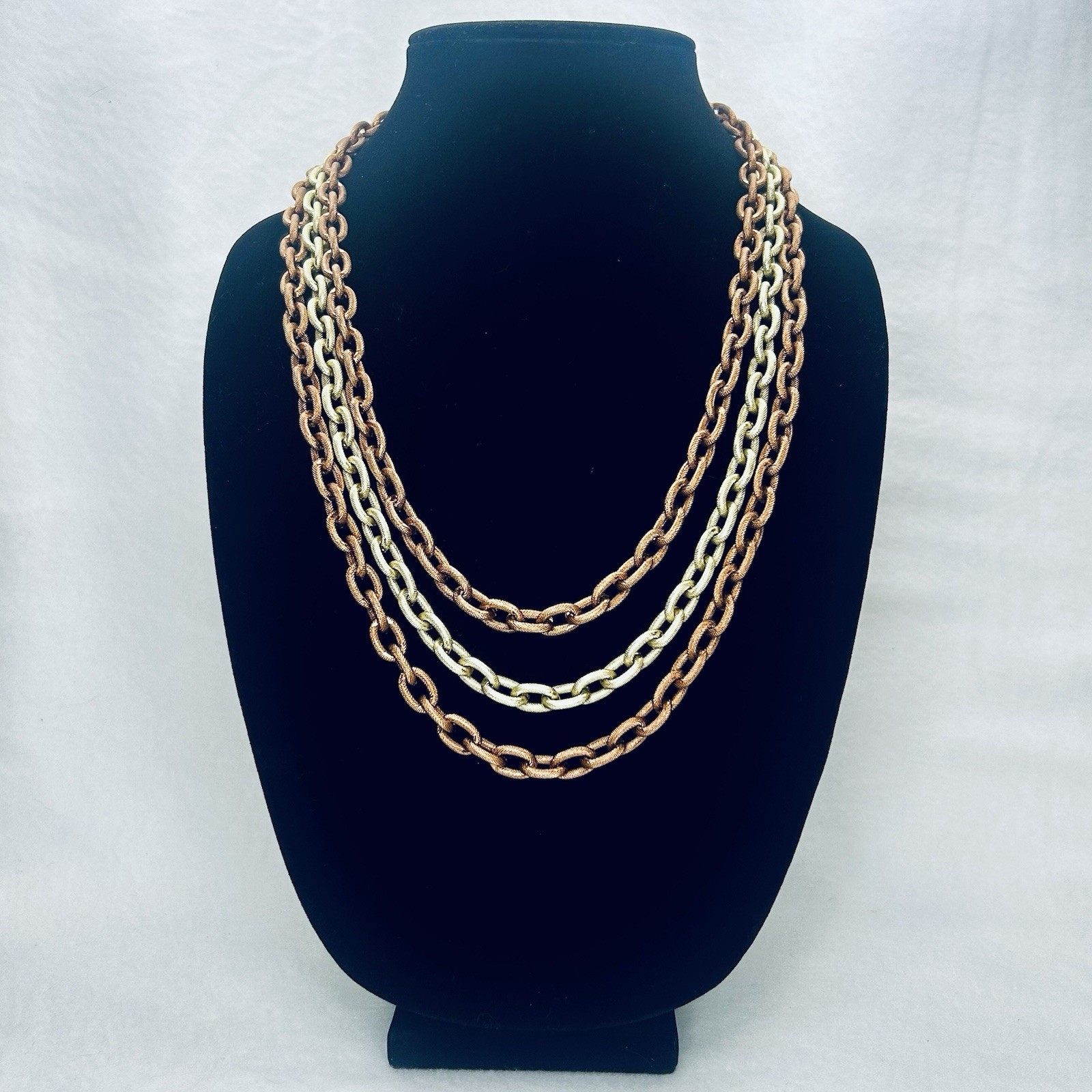 Vintage 3 Strand Necklace W Germany Textured Chain Link Copper & Light Gold Tone