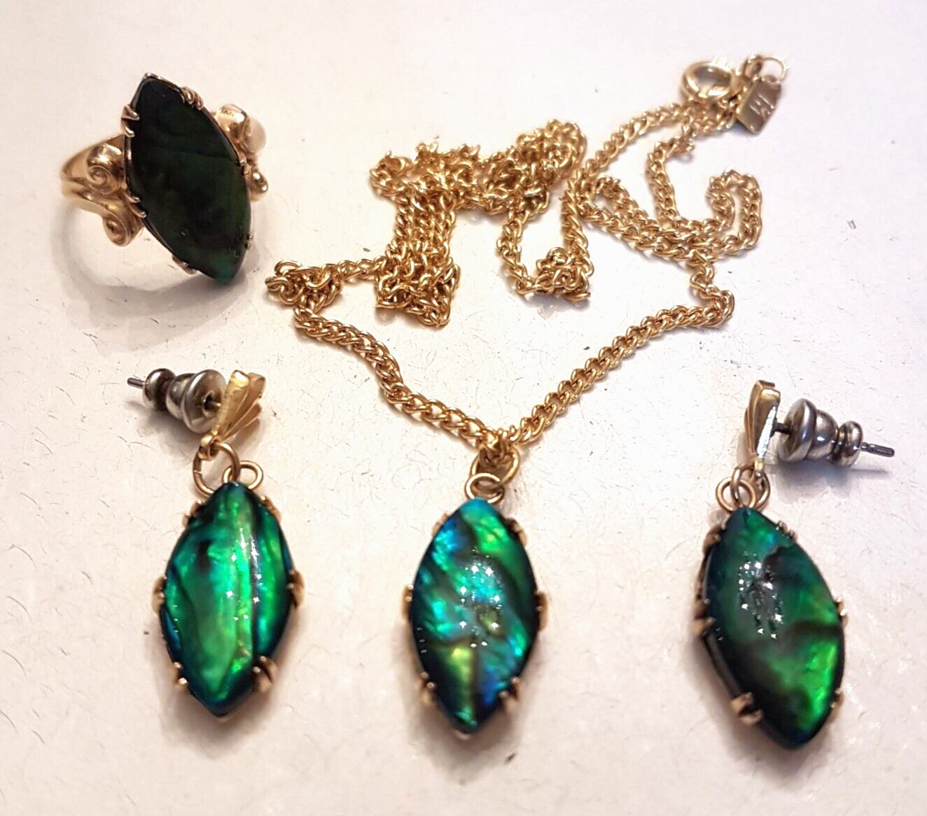 Merlite Paua Abalone Shell Jewelry Set Necklace Ring sz 6 Earrings VTG 3 pc LOT