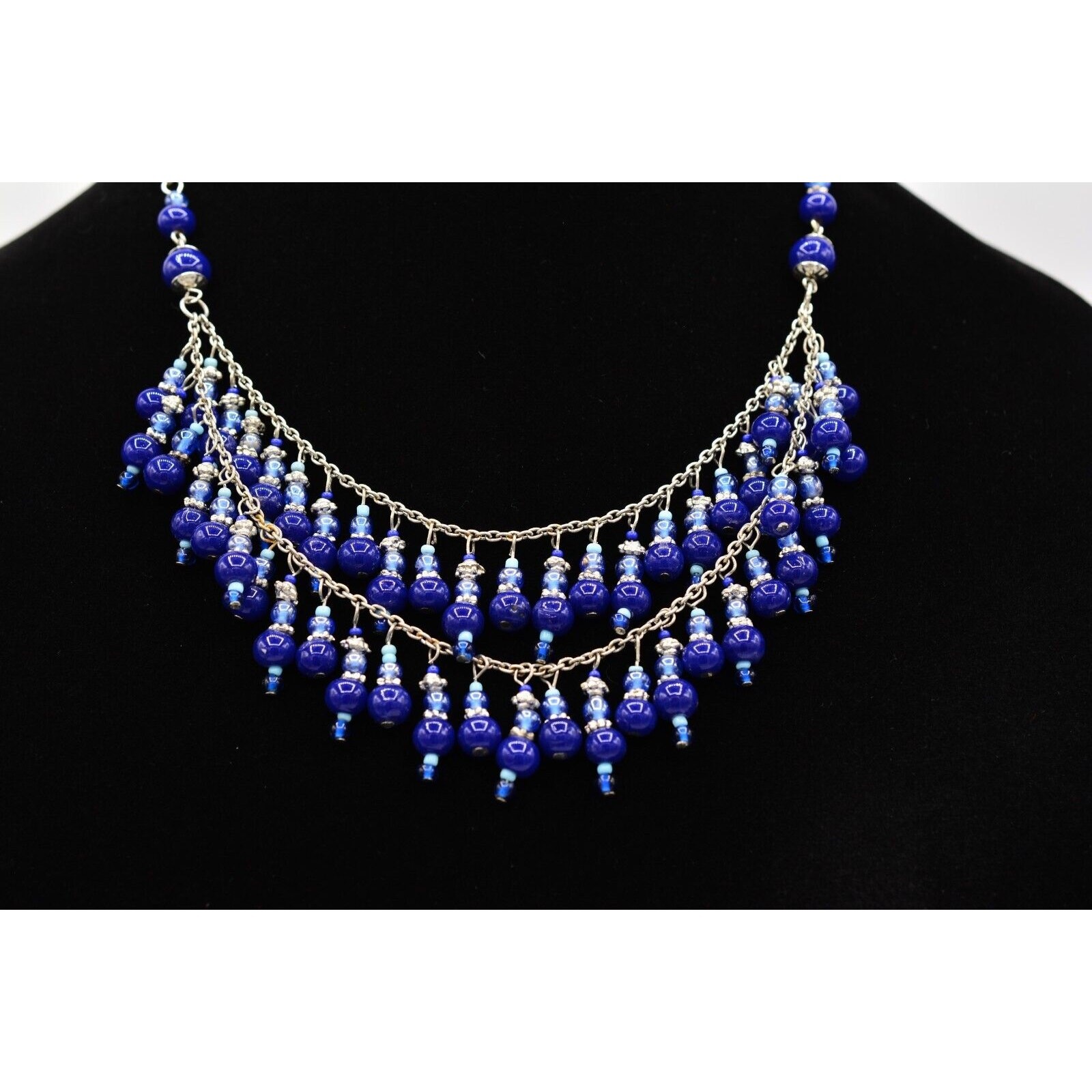 Vintage Beaded Necklace Glass Blue Silver Evil Eye Mediterranean Fringe 1990s 9A