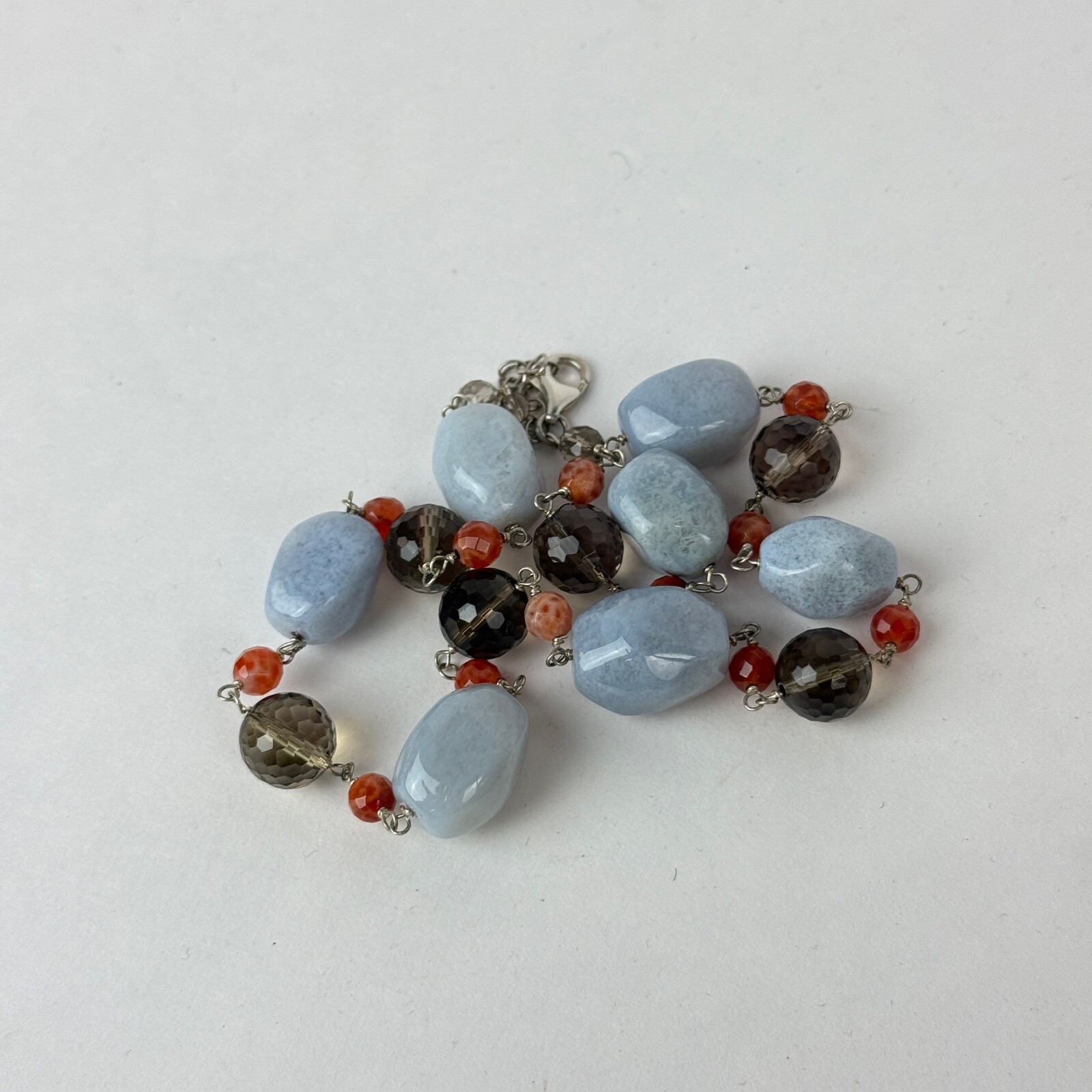Polished Agate Blue Gemstone Smoky Quartz Faceted 19″ Chain Necklace 925 Clasp