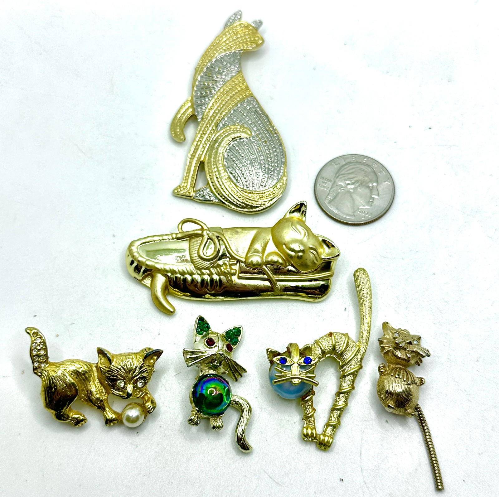 Lot Fun Gold Tone CAT Brooches, Jelly Belly, Rhinestone, Park Lane, AJC, Coro