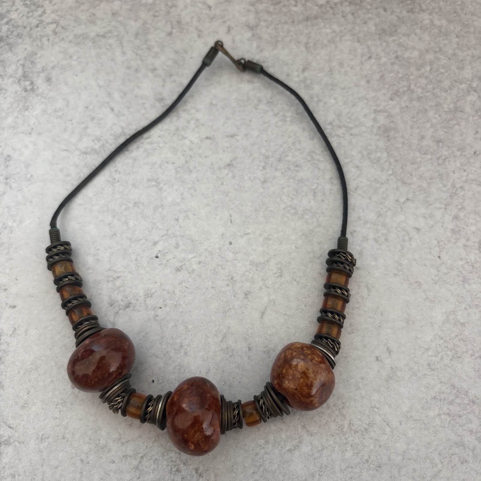 Vintage Greek Ceramic Bead Necklaces On Leather Cord Greece White, Teal, Amber