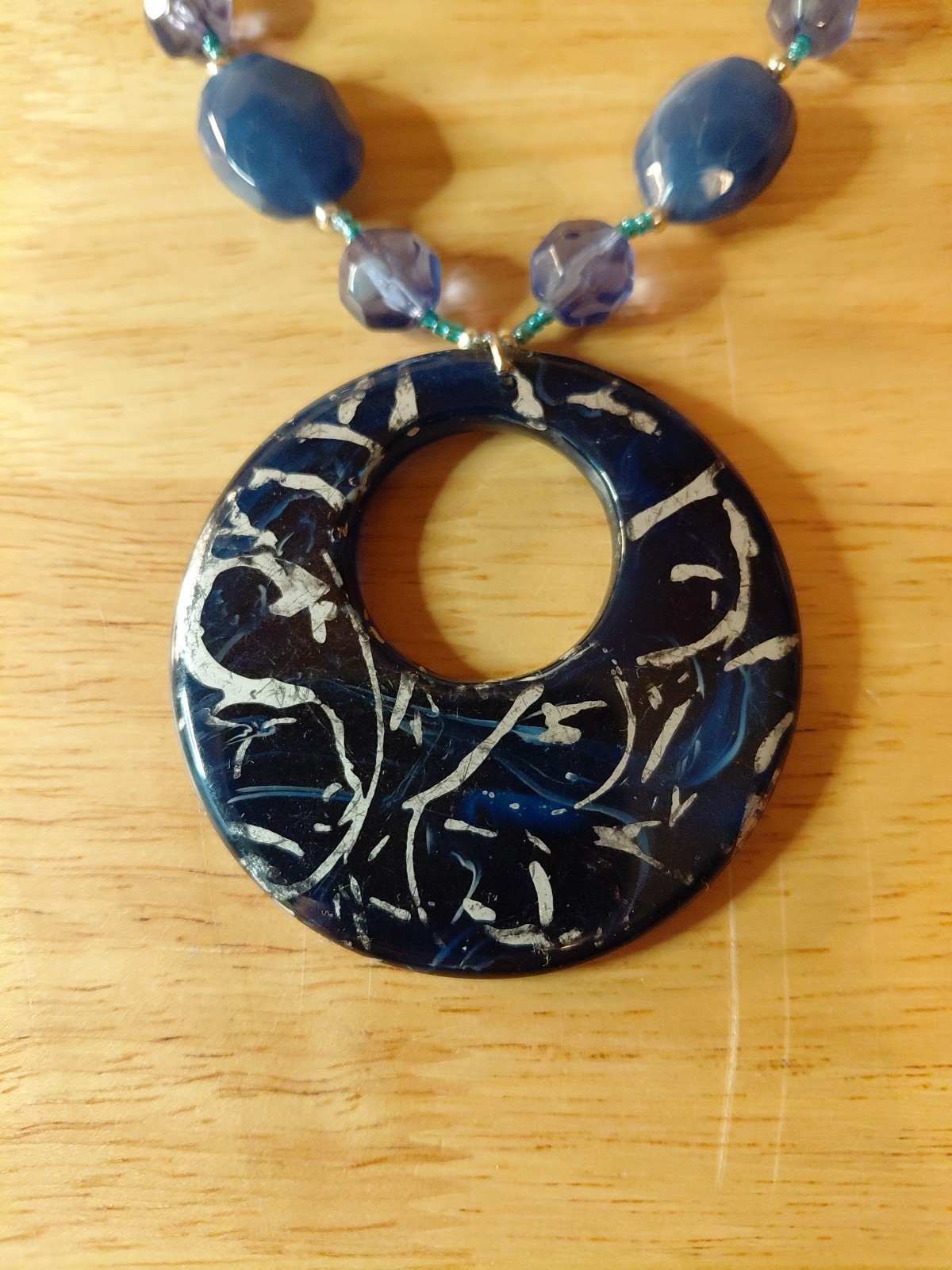 Blue Acrylic & Glass Bead Pendant Necklace – Handbeaded – 15″