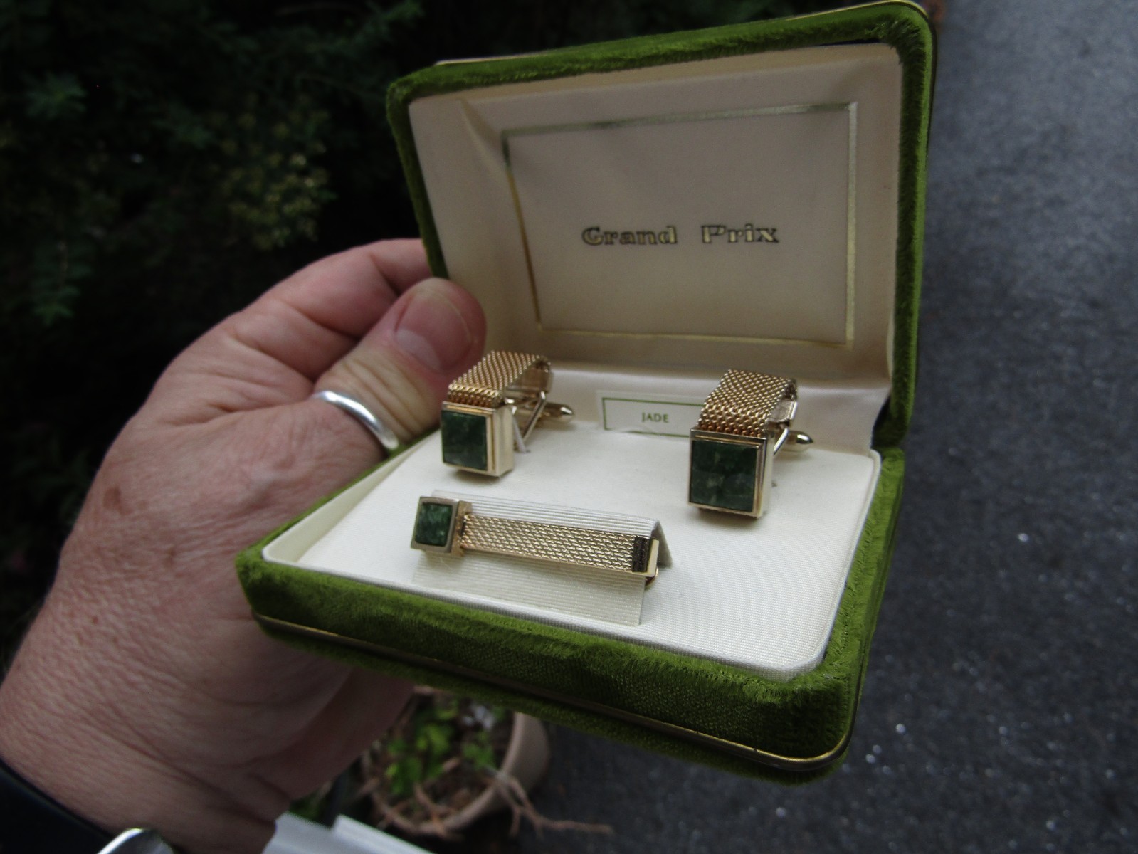 Swank Grand Prix Vintage Cufflinks Tie Bar Set Green Jade New Cuff Links
