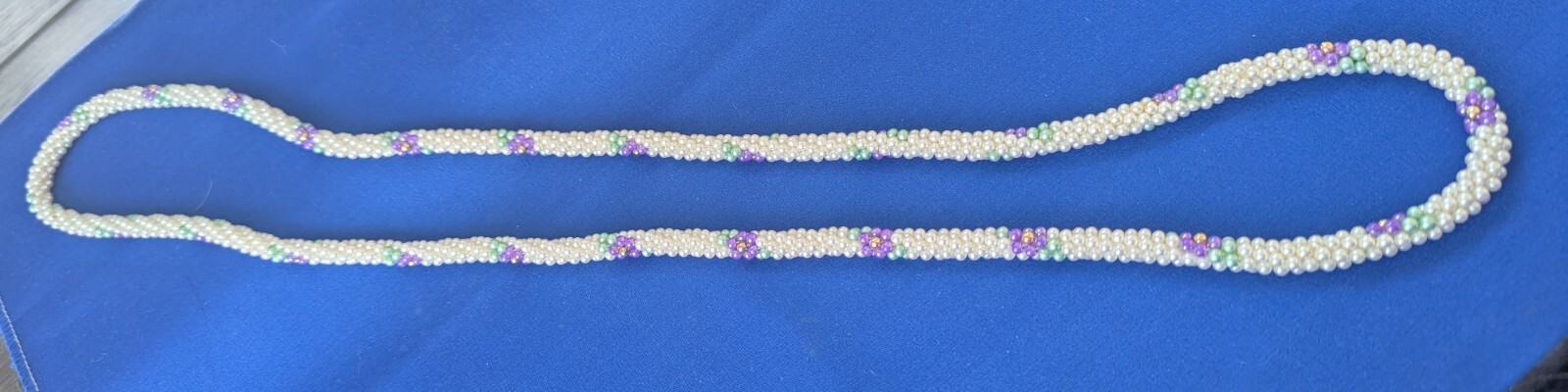Beaded Rope Necklace White with Purple Flowers & Green Leaves 18″ Vintage Estate