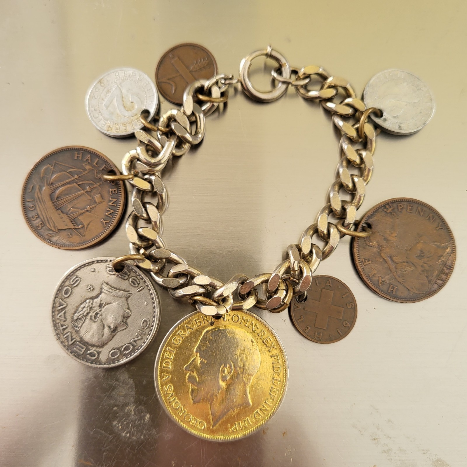 VTG 8 Foreign Coins Tokens of the World Charm Bracelet Silver Tone 1930s-1950s