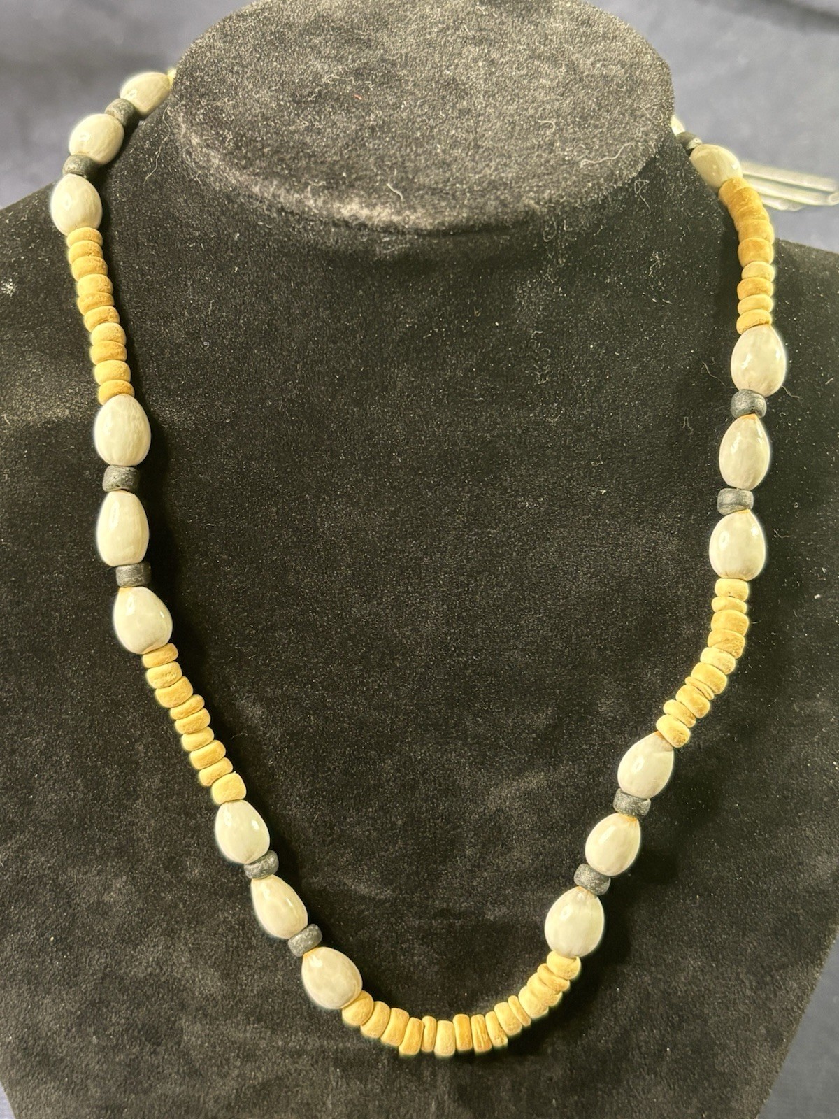 Vintage Wood Brown, White Ceramic, & Black Beaded Necklace