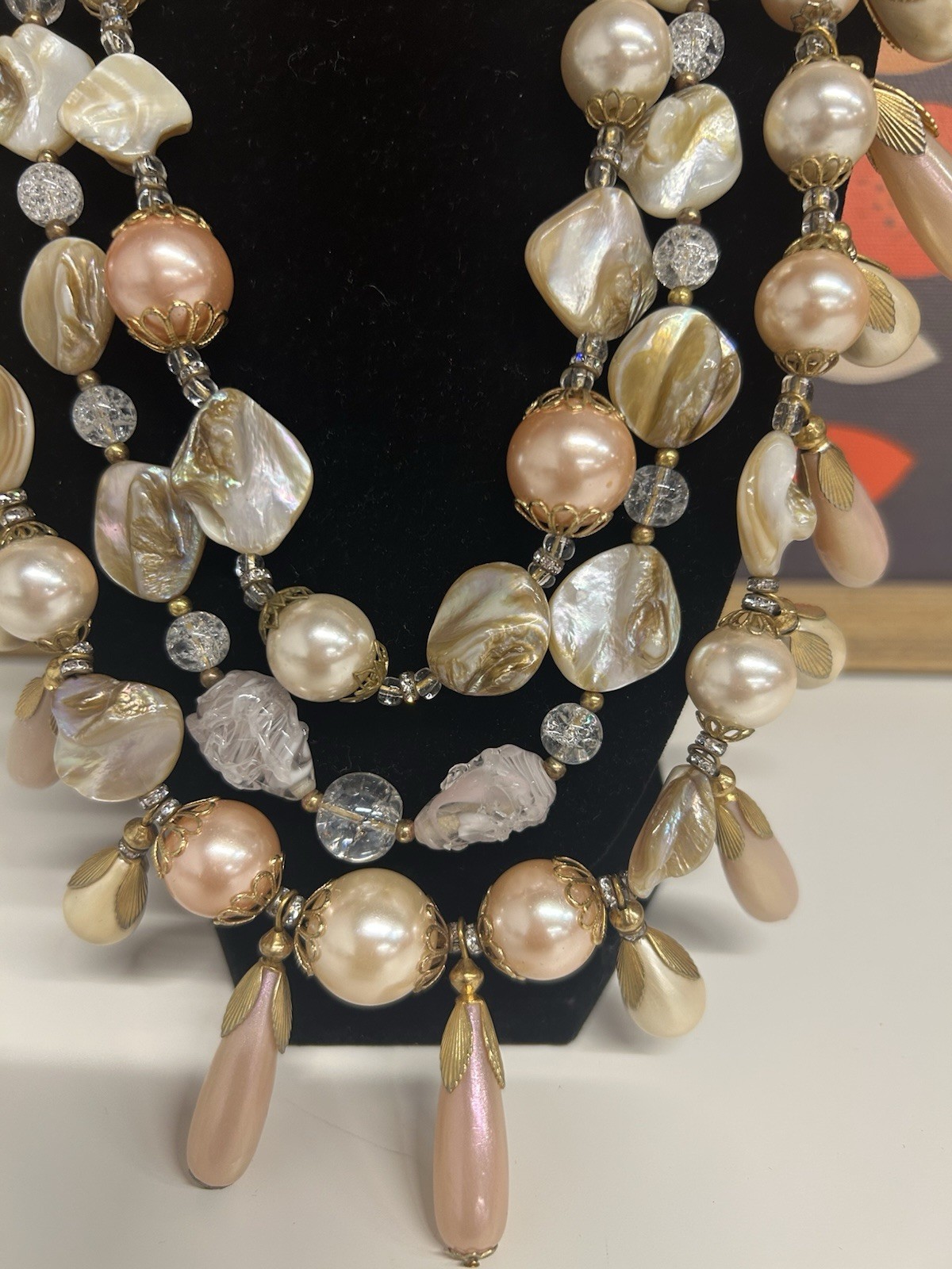 Early Miriam Haskell Large Multi strand Faux Pearl Drop Necklace. So Stunning