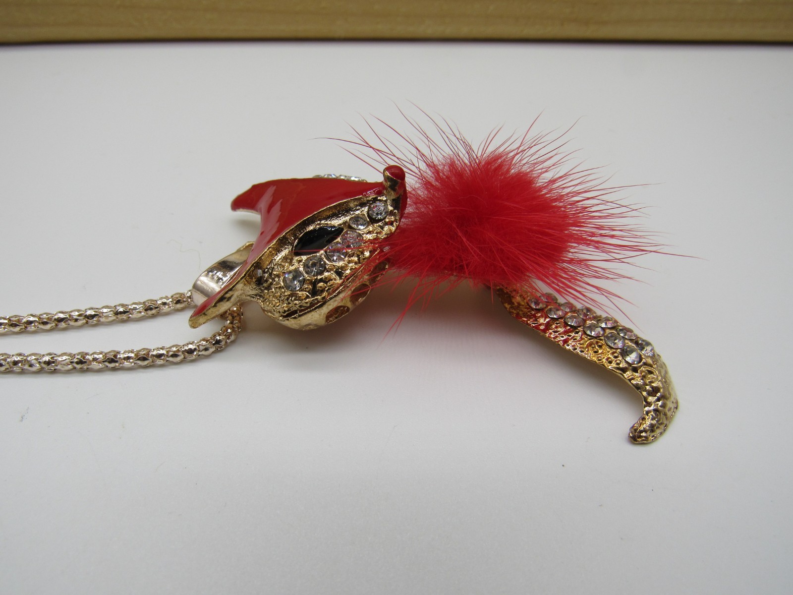 Lot of 2 vintage rhinestone faux fur fox pendant necklaces – red & blue