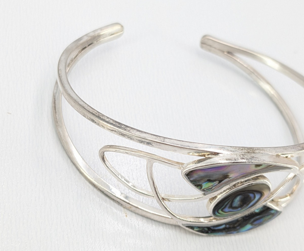 Vintage Abalone Shell Cuff Bracelet Silver Tone Openwork Swirl Small 6.5in Fit