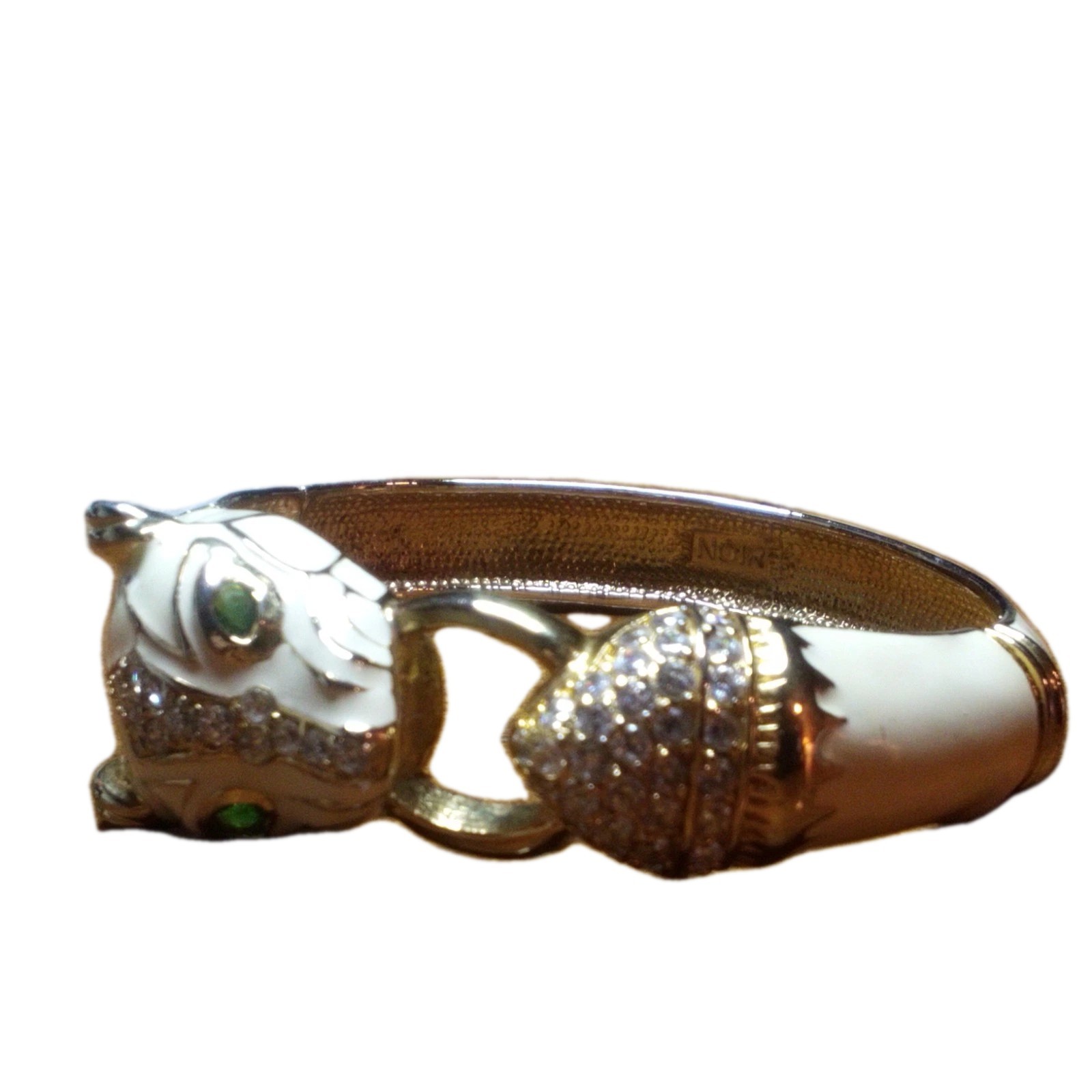 Vintage NOIR Ivory Enamel and Gold Tone PANTHER Head Clamper Bracelet