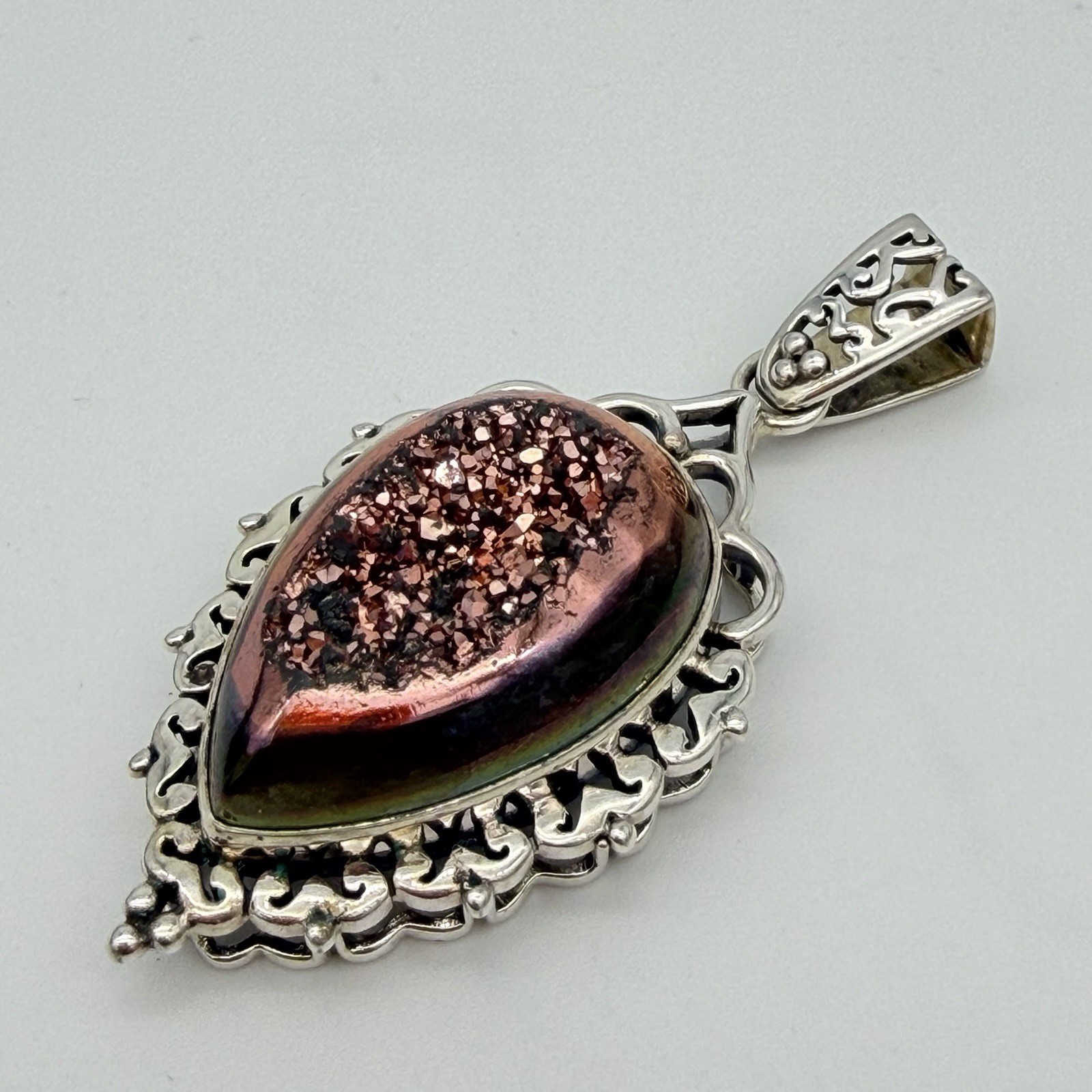 Vtg 925 Sterling Silver Pink Druzy Quartz Pendant 15.9 Signed GS QVC HSN Estate