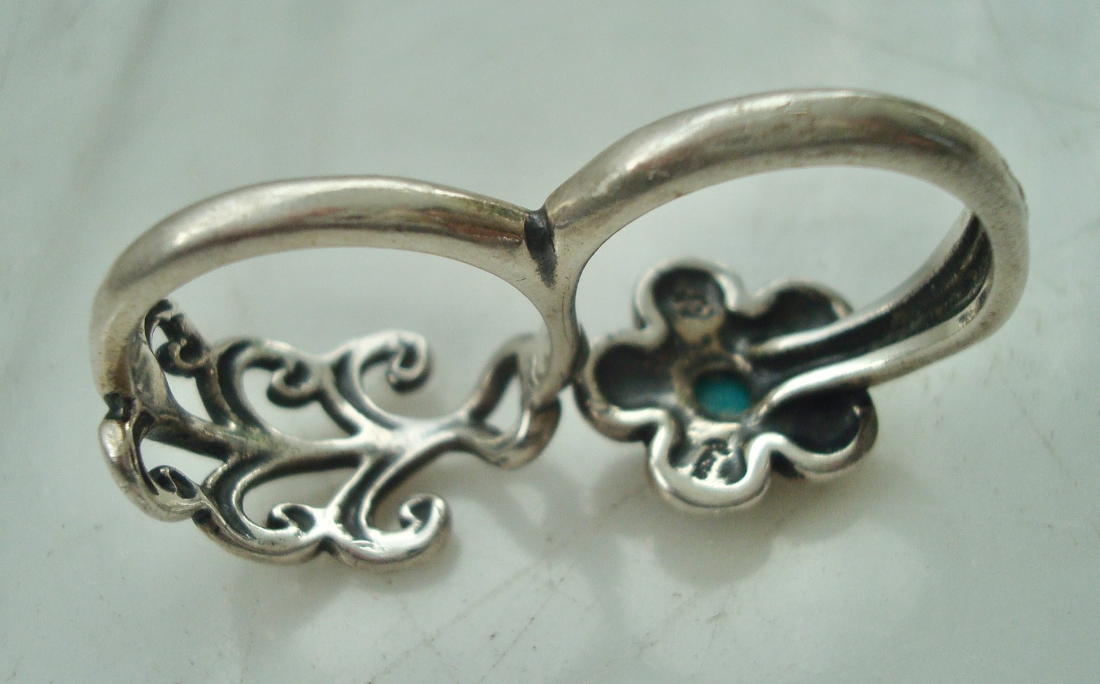 Vintage CAROLYN POLLACK STERLING Silver FLOWER Turquoise DOUBLE RING Size 9/7.5